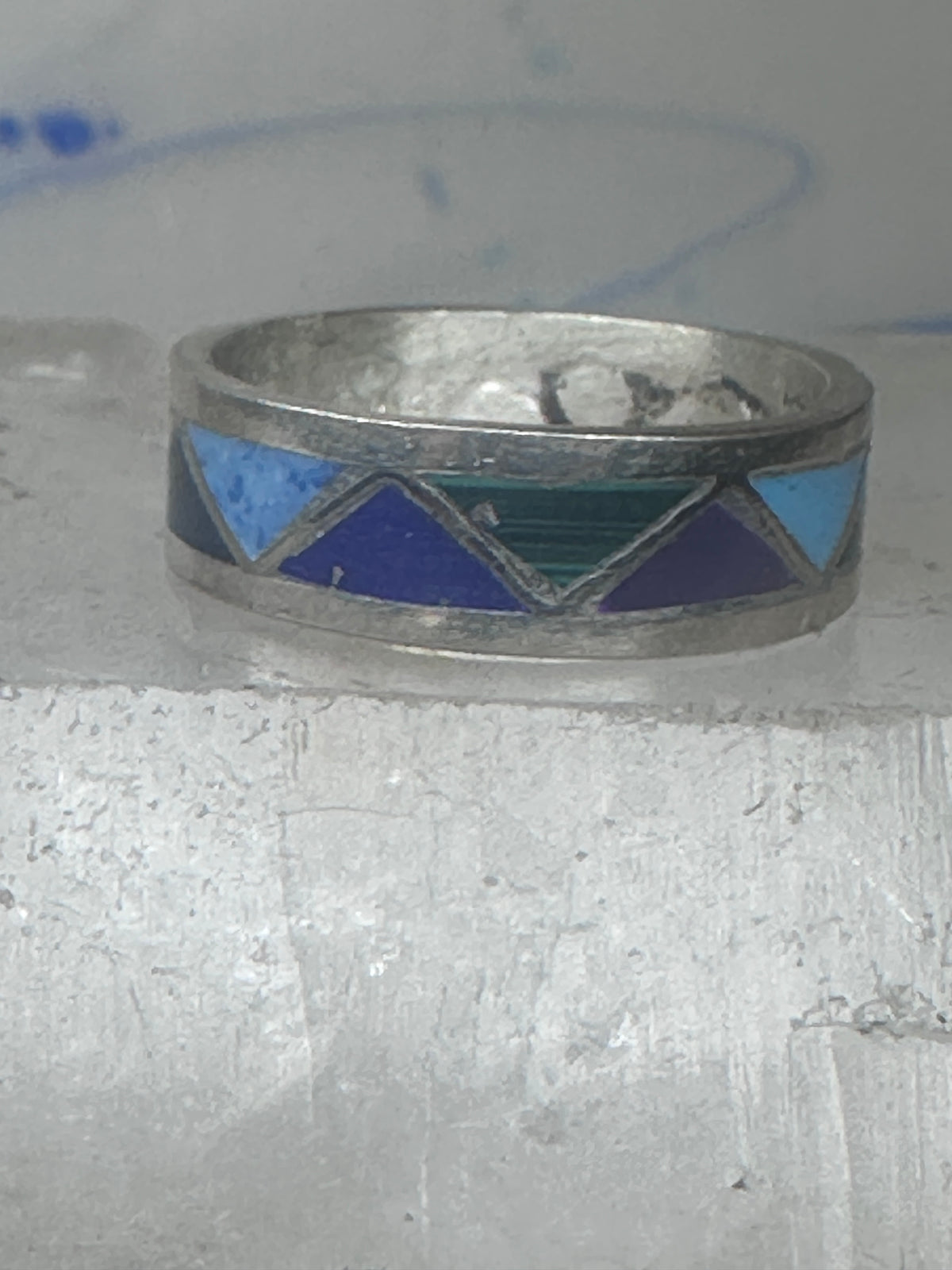 Vintage Sterling Silver Multi Stone Geometric Rough Inlay Band Ring Size 7.75 925