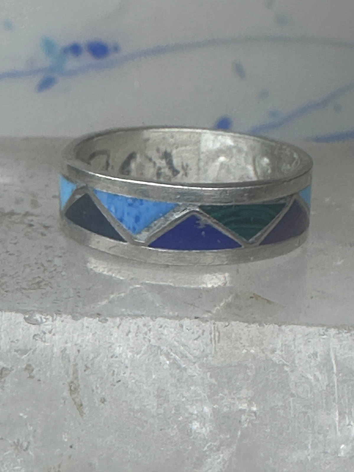 Vintage Sterling Silver Multi Stone Geometric Rough Inlay Band Ring Size 7.75 925