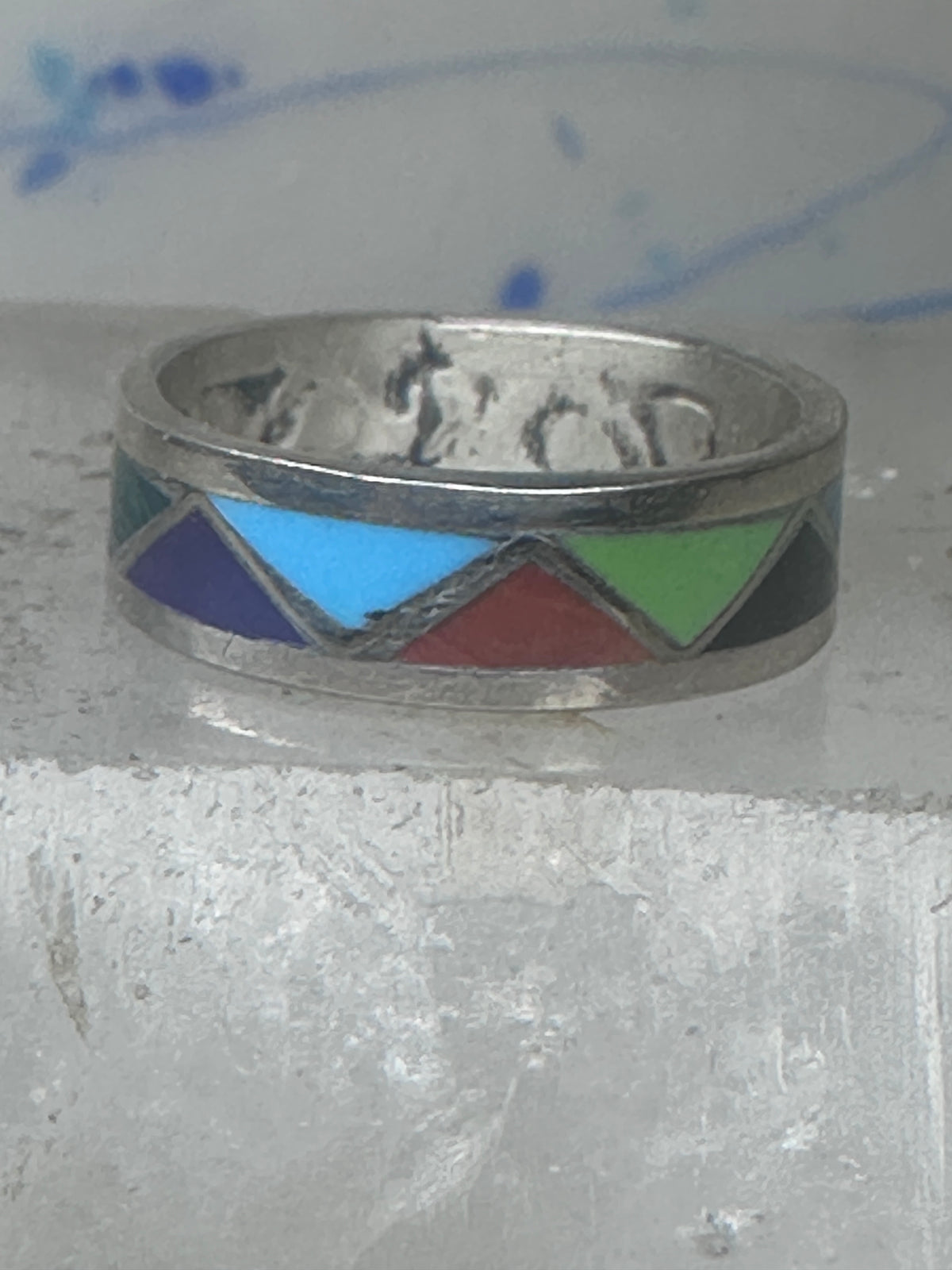 Vintage Sterling Silver Multi Stone Geometric Rough Inlay Band Ring Size 7.75 925