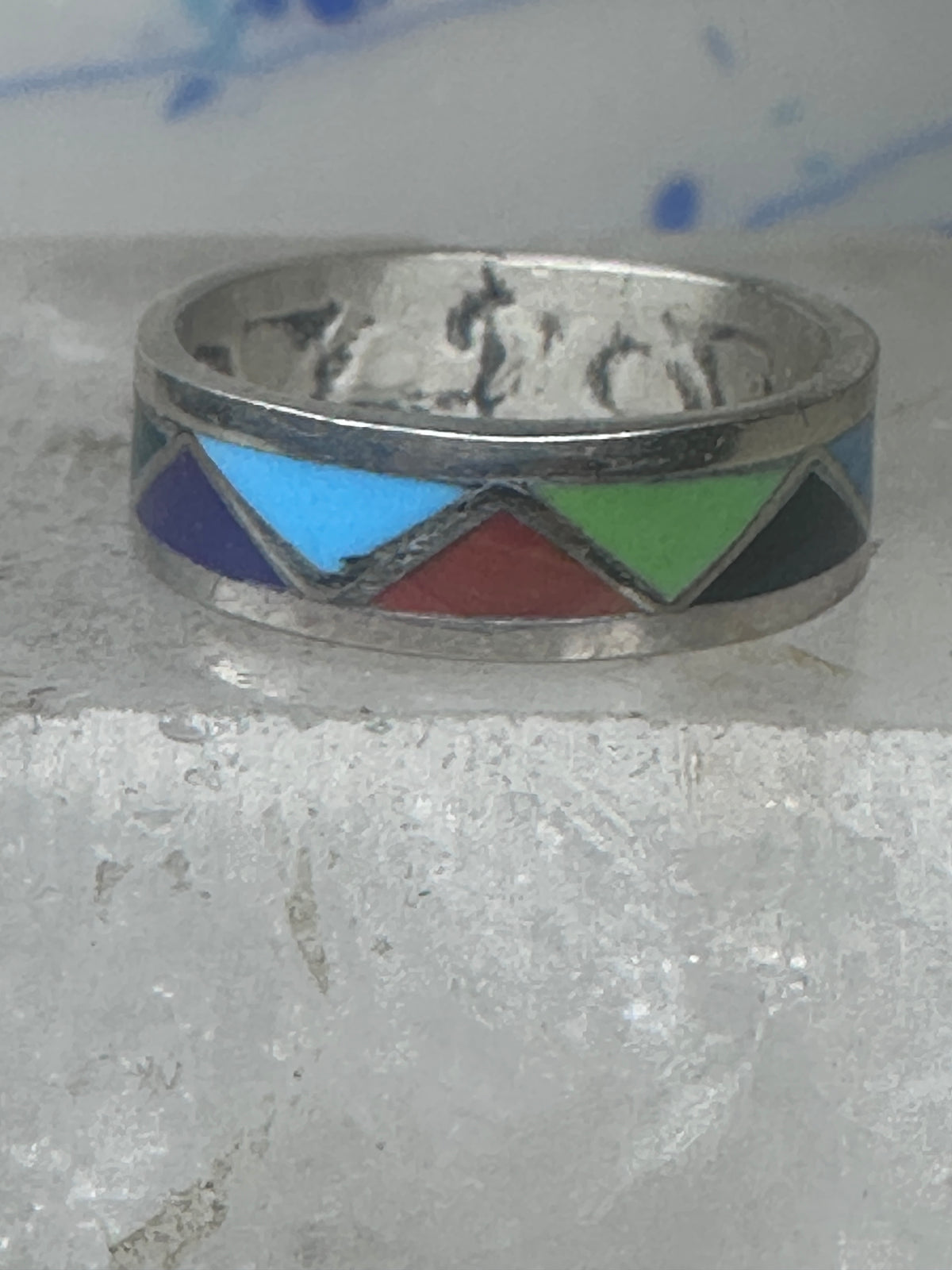 Vintage Sterling Silver Multi Stone Geometric Rough Inlay Band Ring Size 7.75 925
