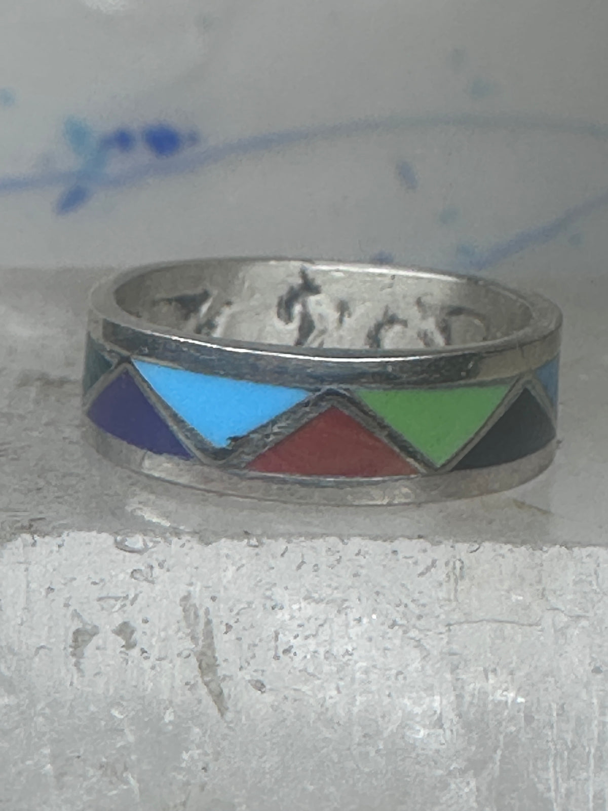 Vintage Sterling Silver Multi Stone Geometric Rough Inlay Band Ring Size 7.75 925