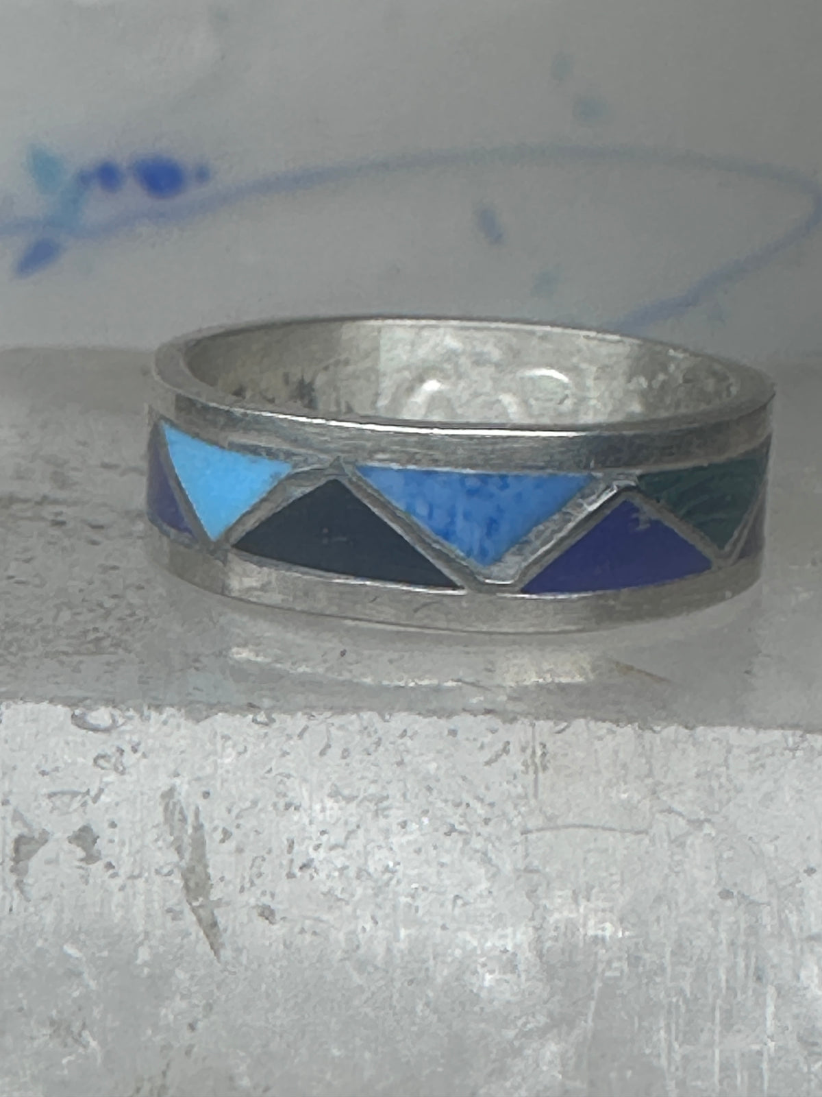 Vintage Sterling Silver Multi Stone Geometric Rough Inlay Band Ring Size 7.75 925