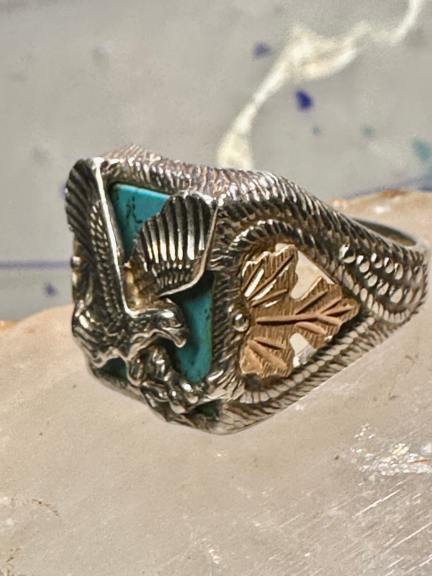Black Hills Gold Turquoise ring eagle band size 10 sterling silver women men