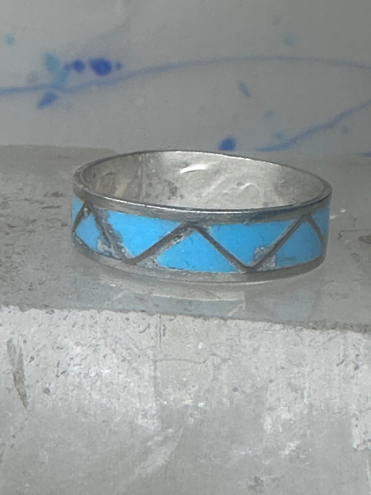 Vintage Sterling Silver Zuni Reconstituted Turquoise Inlay Band Ring Size 8.50 925
