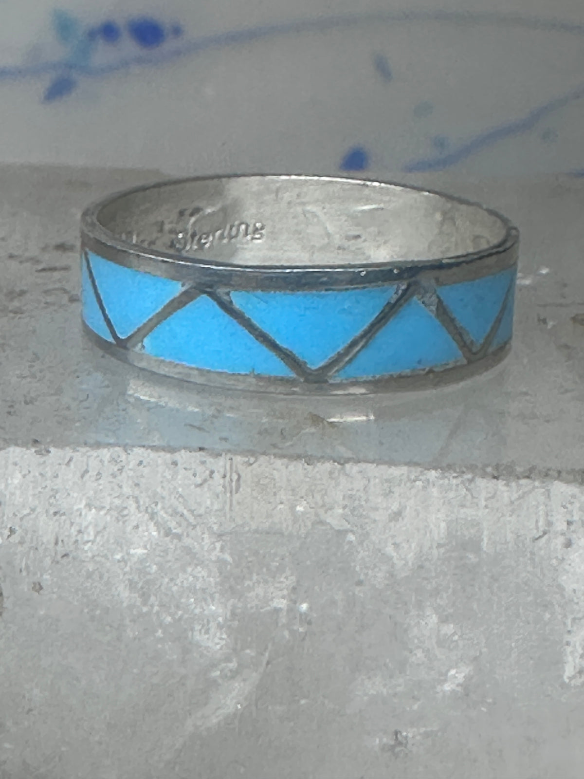 Vintage Sterling Silver Zuni Reconstituted Turquoise Inlay Band Ring Size 8.50 925