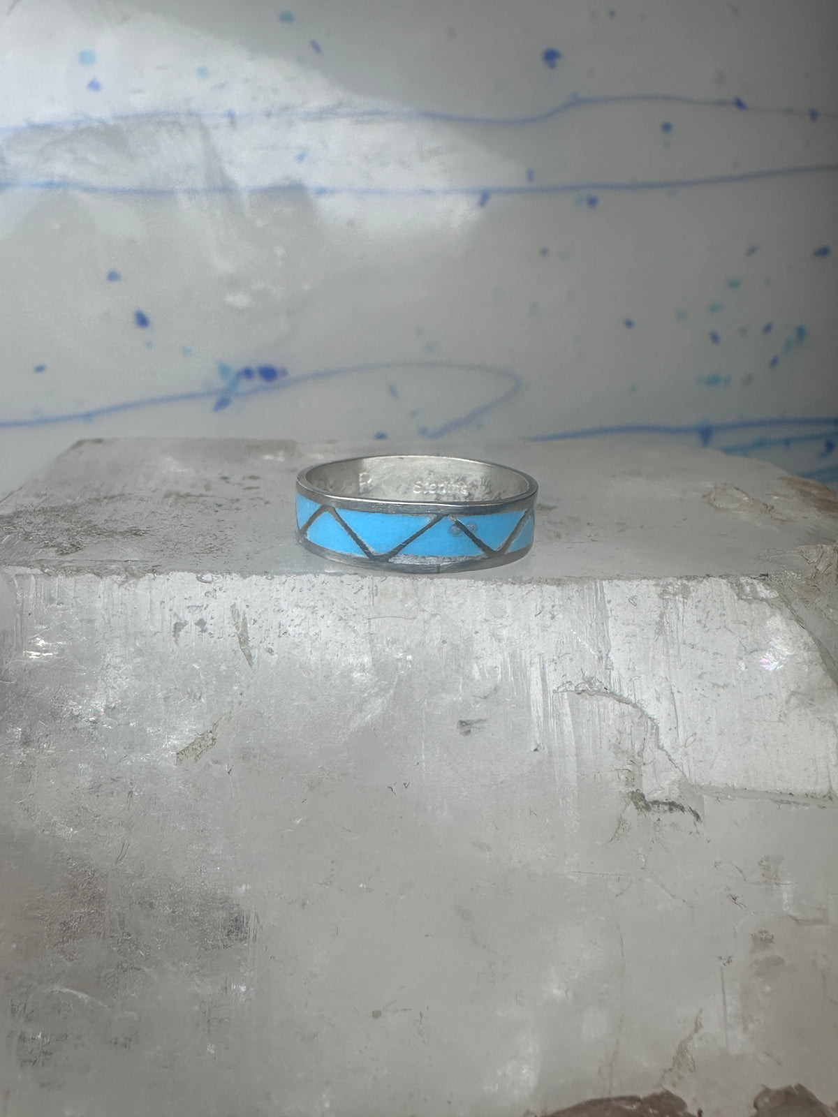 Vintage Sterling Silver Zuni Reconstituted Turquoise Inlay Band Ring Size 7.25 925