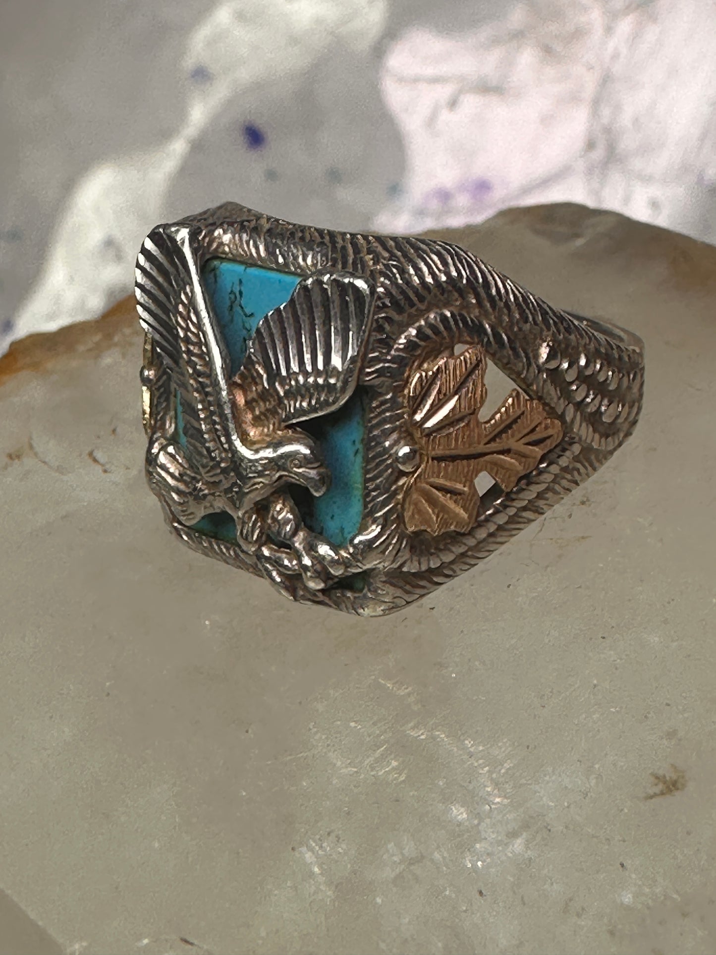 Black Hills Gold Turquoise ring eagle band size 10 sterling silver women men
