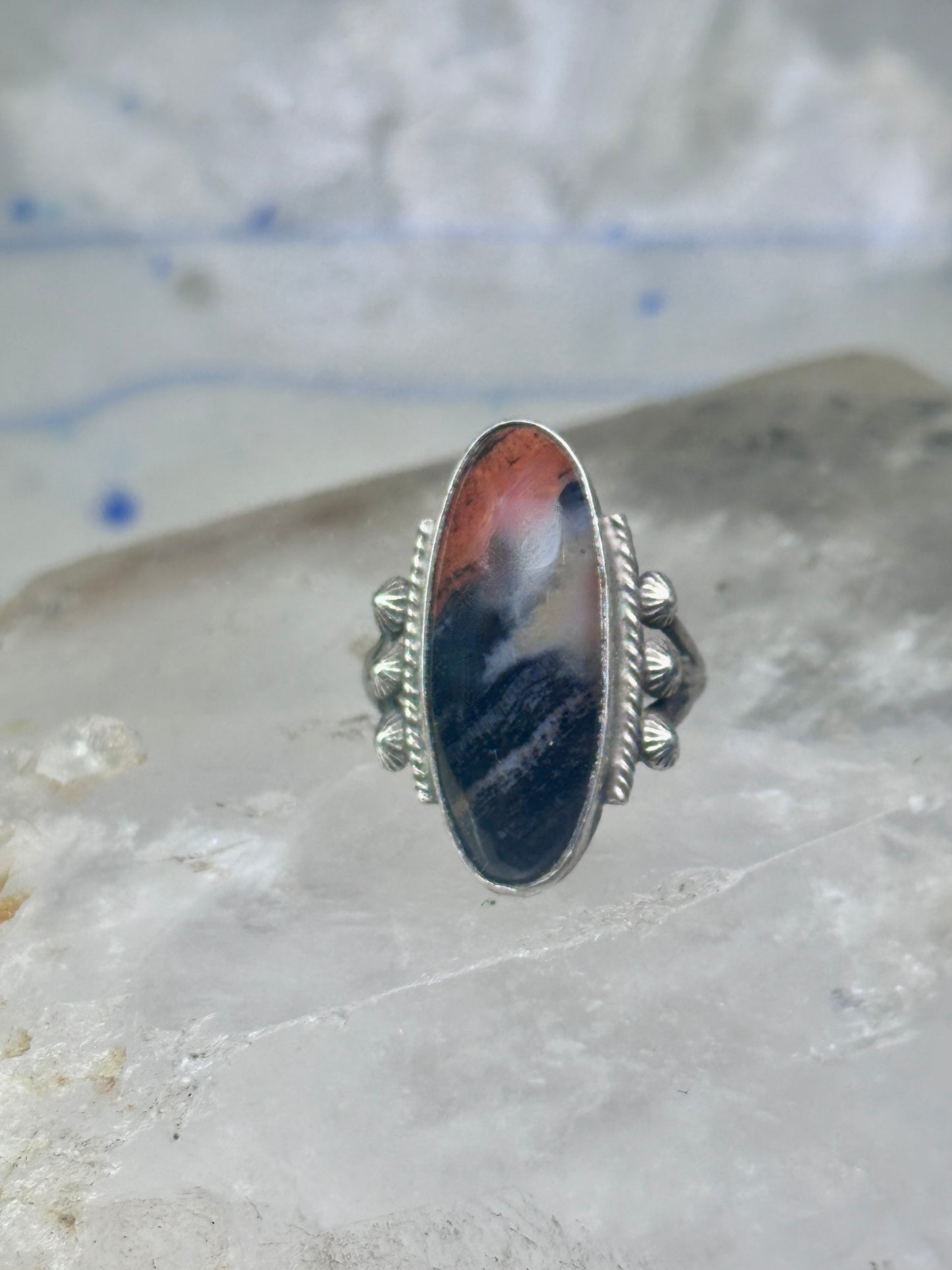 Navajo ring agate Long Petrified Wood Size 6 Vintage sterling silver women