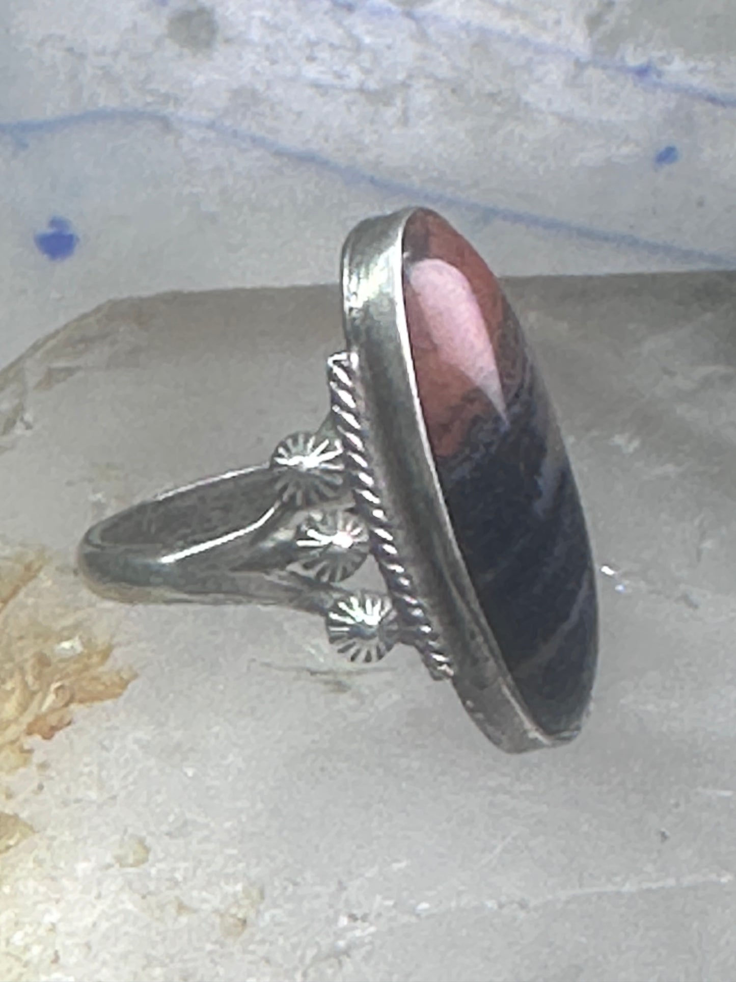 Navajo ring agate Long Petrified Wood Size 6 Vintage sterling silver women