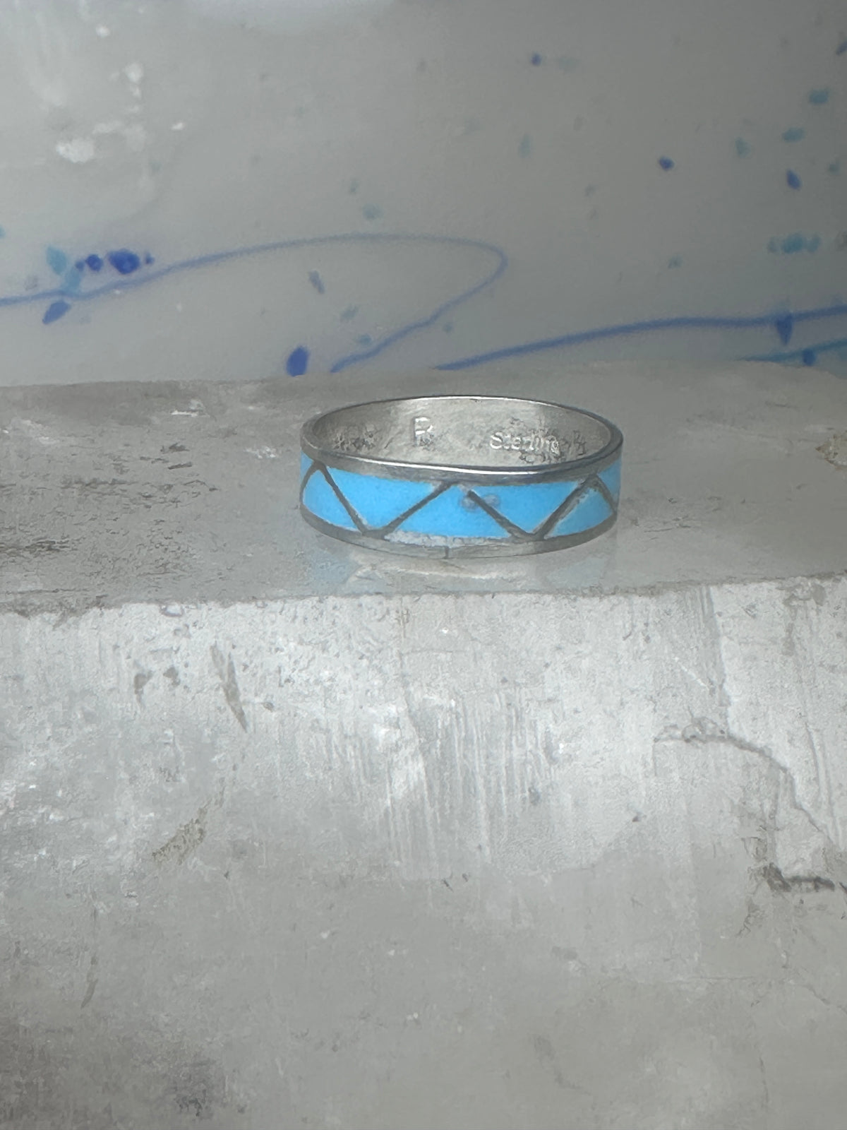 Vintage Sterling Silver Zuni Reconstituted Turquoise Inlay Band Ring Size 7.25 925