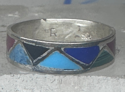 Vintage Sterling Silver Multi Stone Geometric Inlay Band Ring Size 6.50 925