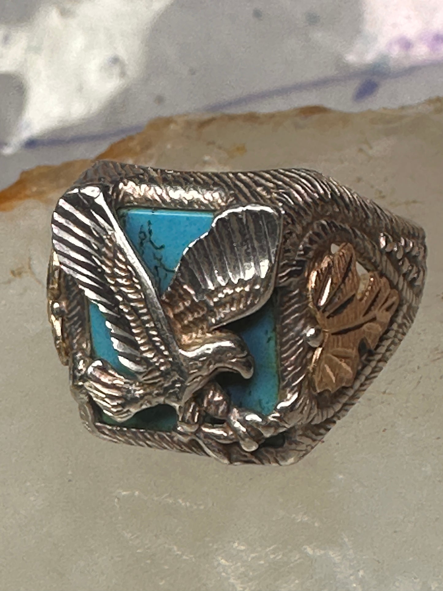 Black Hills Gold Turquoise ring eagle band size 10 sterling silver women men