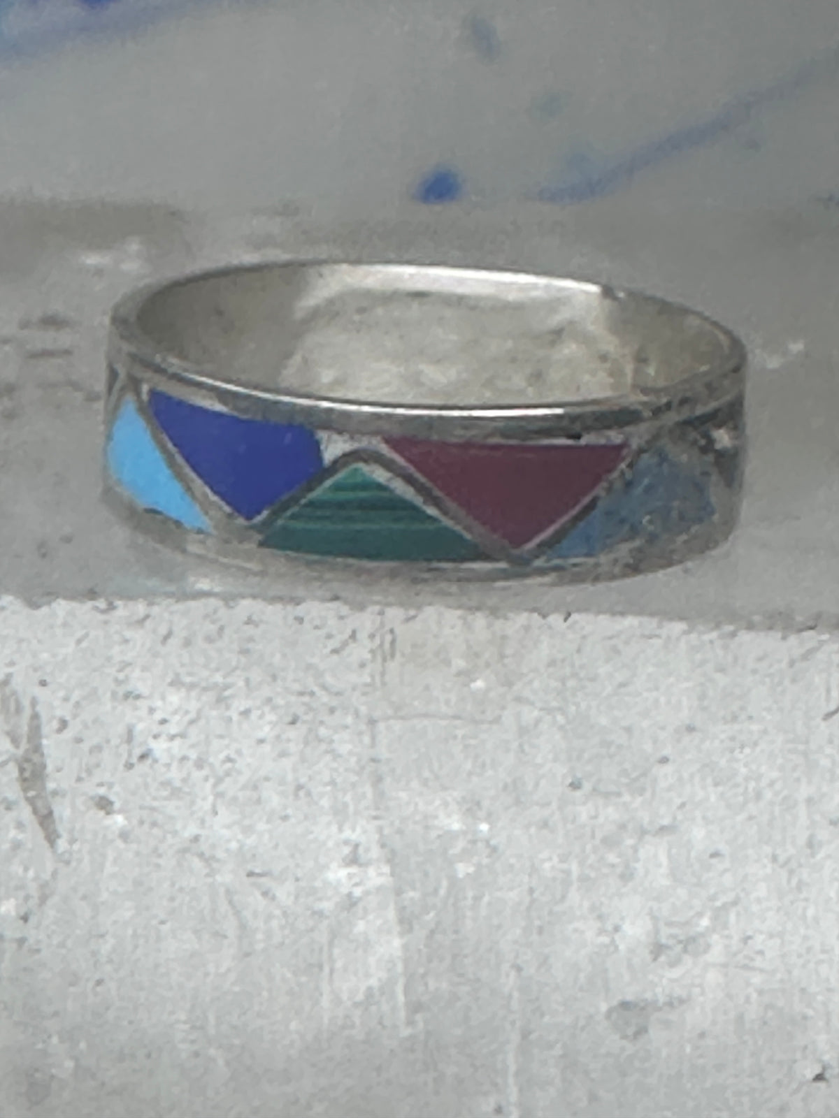 Vintage Sterling Silver Multi Stone Geometric Inlay Band Ring Size 6.50 925