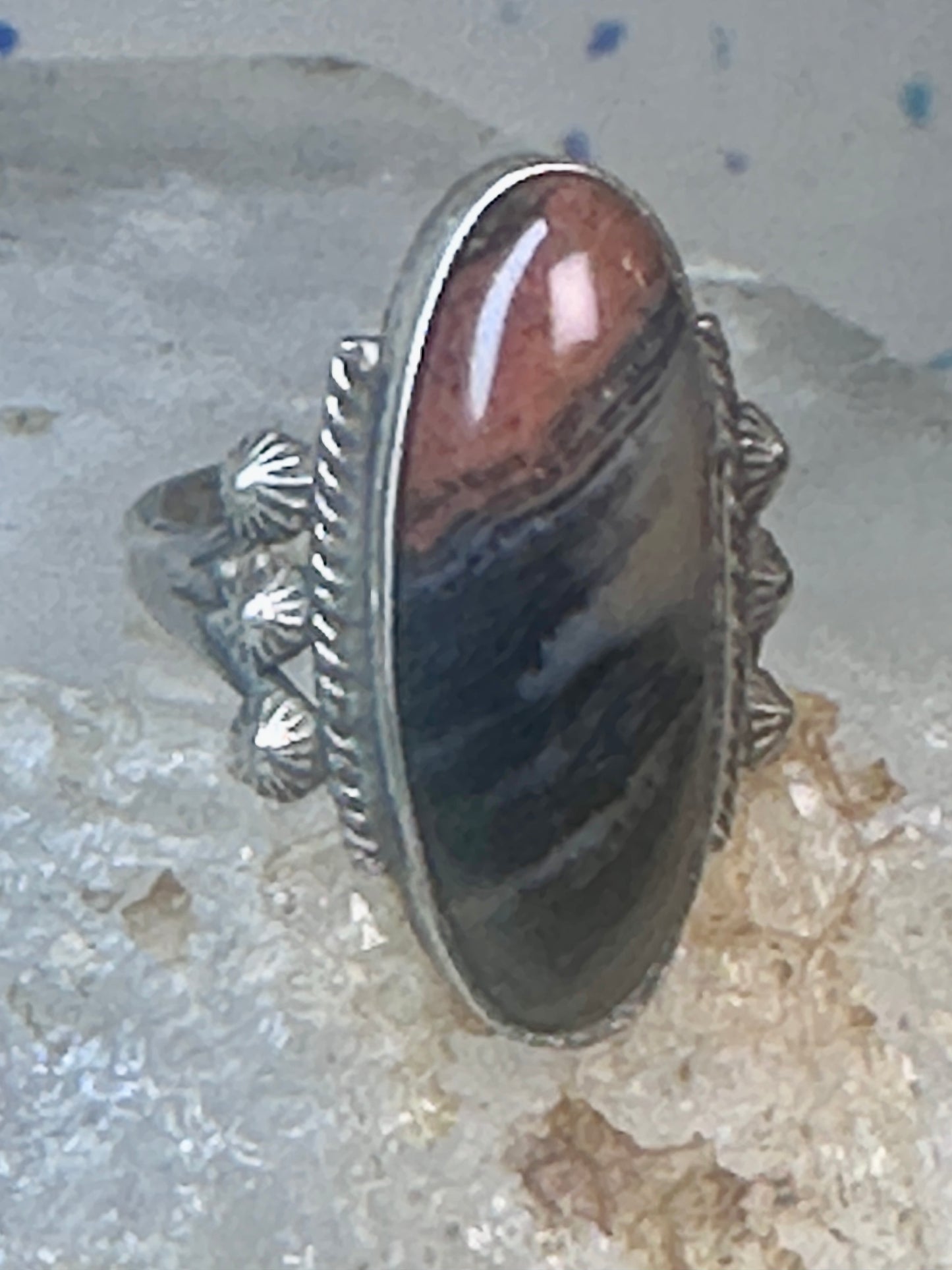 Navajo ring agate Long Petrified Wood Size 6 Vintage sterling silver women