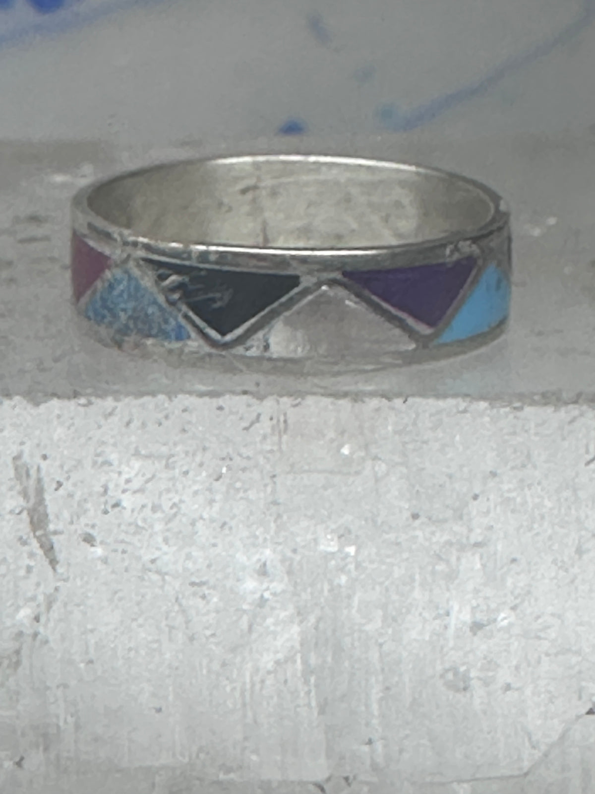 Vintage Sterling Silver Multi Stone Geometric Inlay Band Ring Size 6.50 925