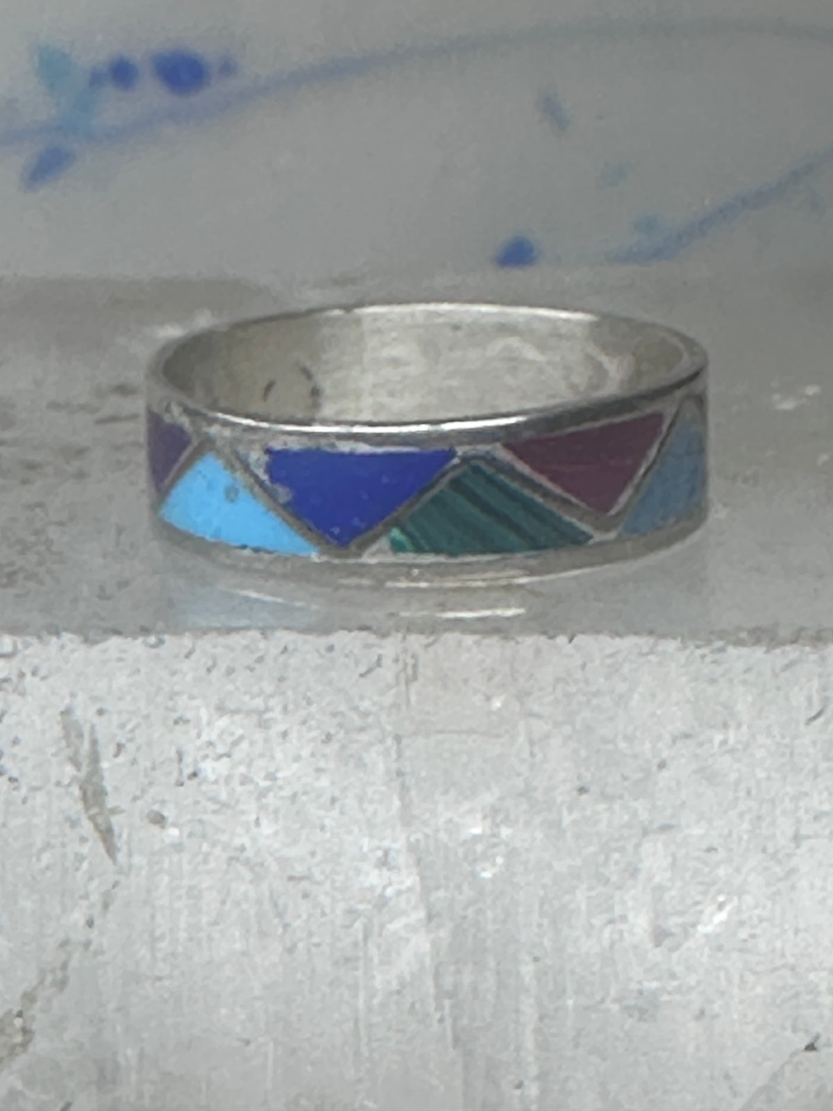 Vintage Sterling Silver Multi Stone Geometric Inlay Band Ring Size 6.50 925