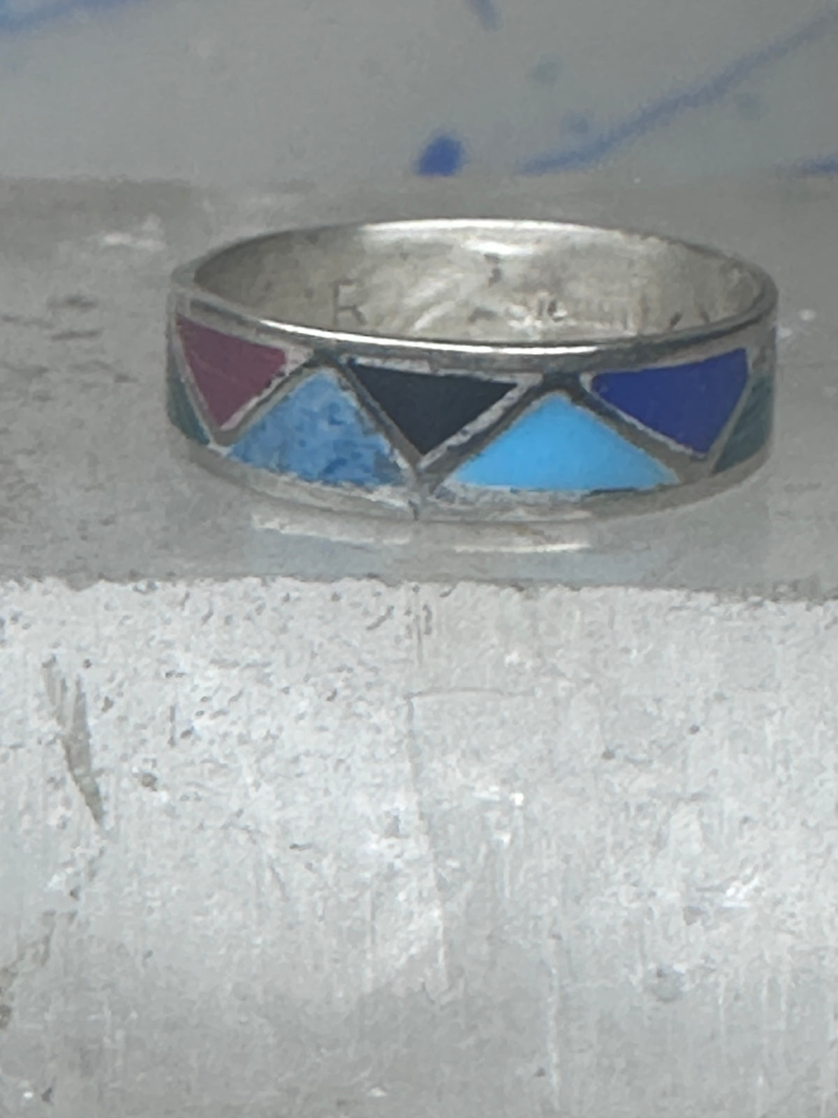 Vintage Sterling Silver Multi Stone Geometric Inlay Band Ring Size 6.50 925