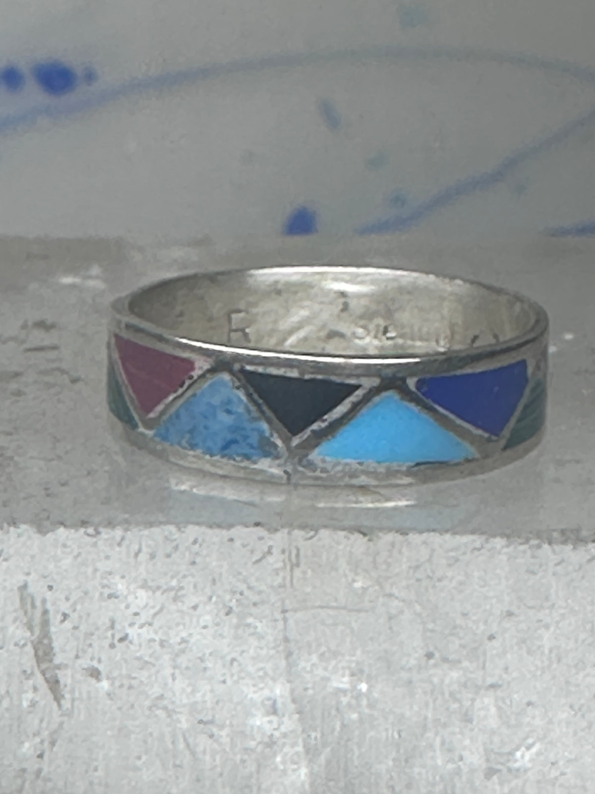 Vintage Sterling Silver Multi Stone Geometric Inlay Band Ring Size 6.50 925