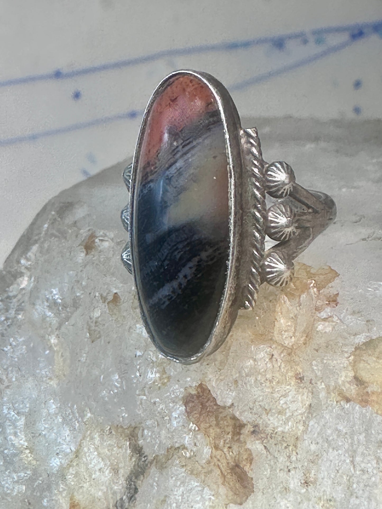 Navajo ring agate Long Petrified Wood Size 6 Vintage sterling silver women