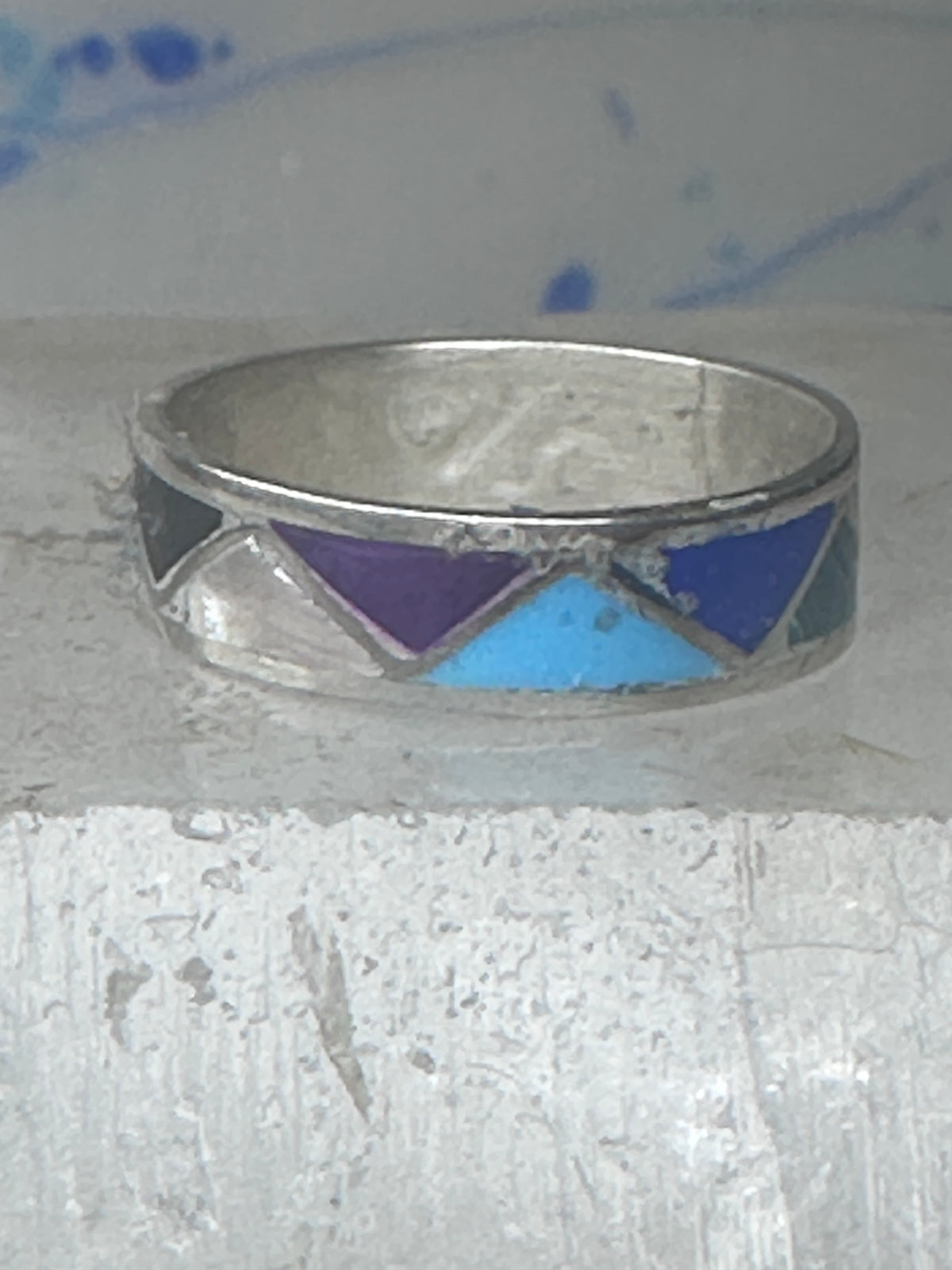 Vintage Sterling Silver Multi Stone Geometric Inlay Band Ring Size 6.50 925
