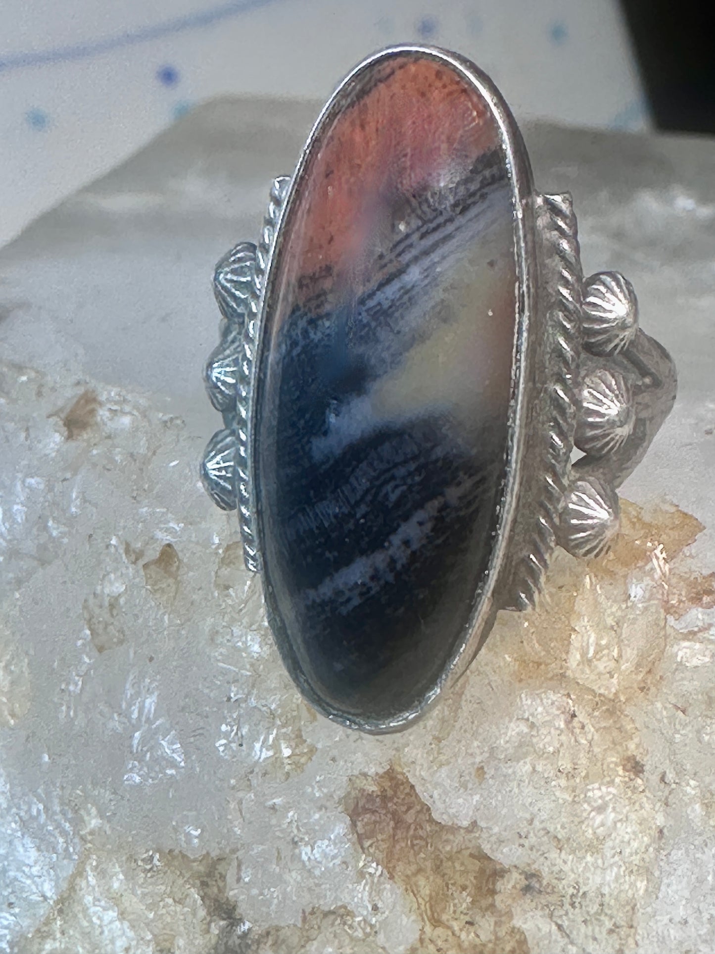 Navajo ring agate Long Petrified Wood Size 6 Vintage sterling silver women