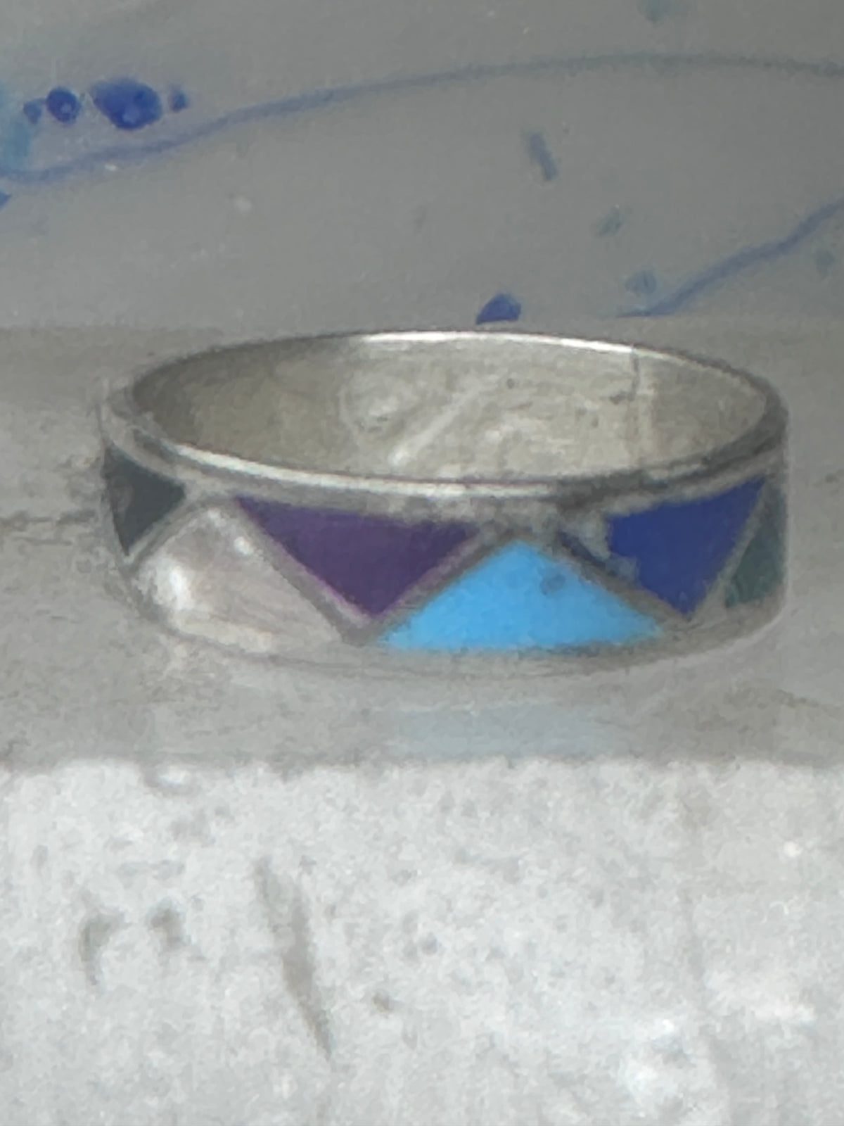 Vintage Sterling Silver Multi Stone Geometric Inlay Band Ring Size 6.50 925