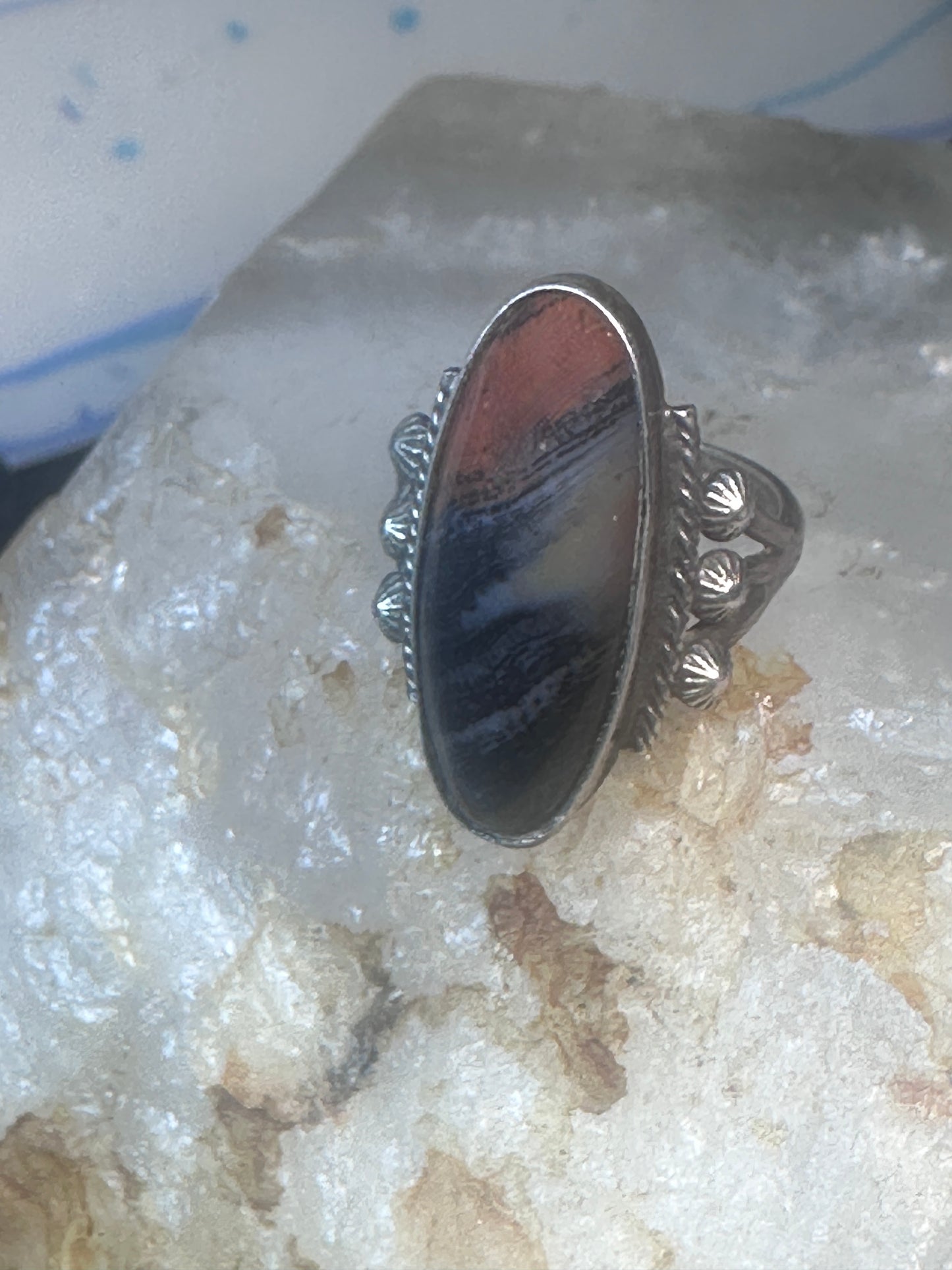 Navajo ring agate Long Petrified Wood Size 6 Vintage sterling silver women