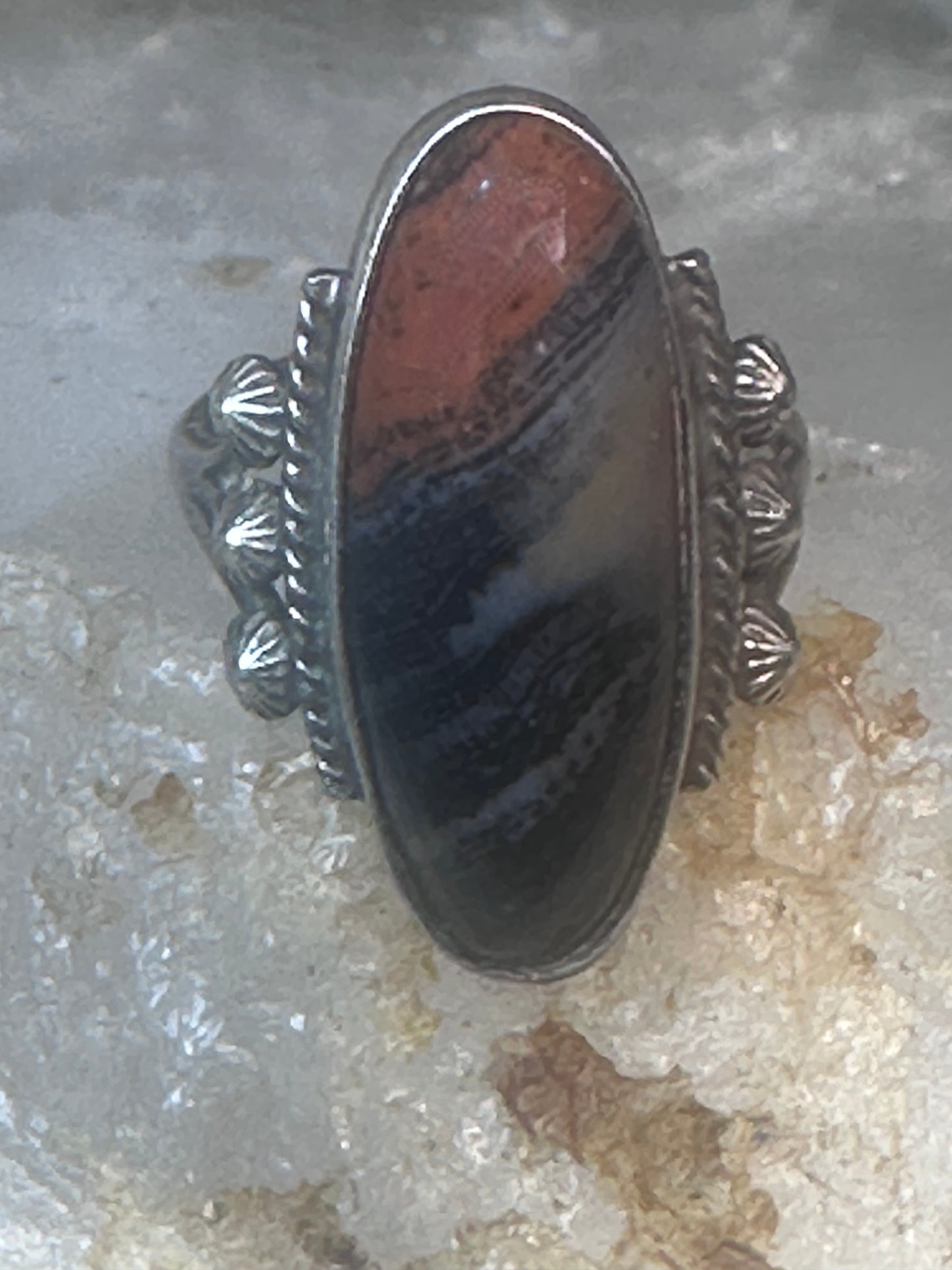 Navajo ring agate Long Petrified Wood Size 6 Vintage sterling silver women