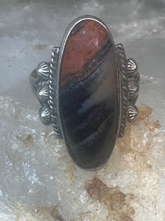 Navajo ring agate Long Petrified Wood Size 6 Vintage sterling silver women
