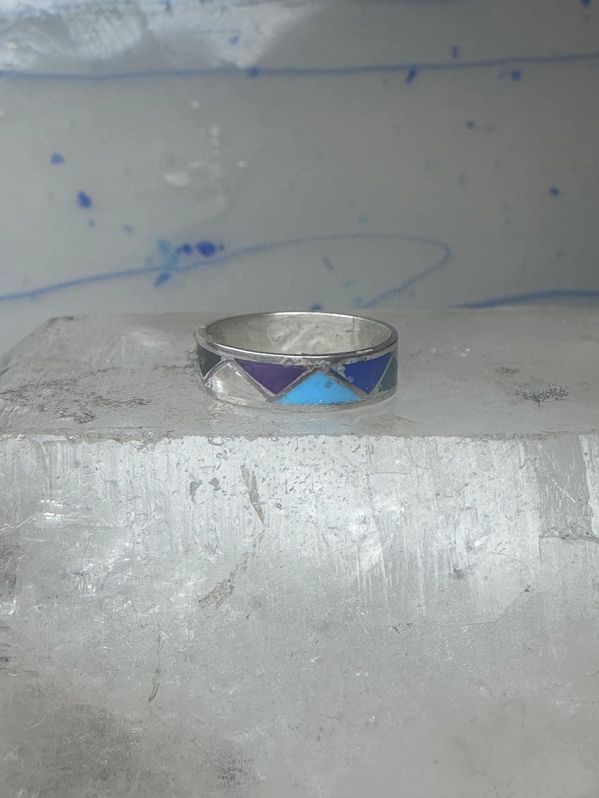 Vintage Sterling Silver Multi Stone Geometric Inlay Band Ring Size 6.50 925