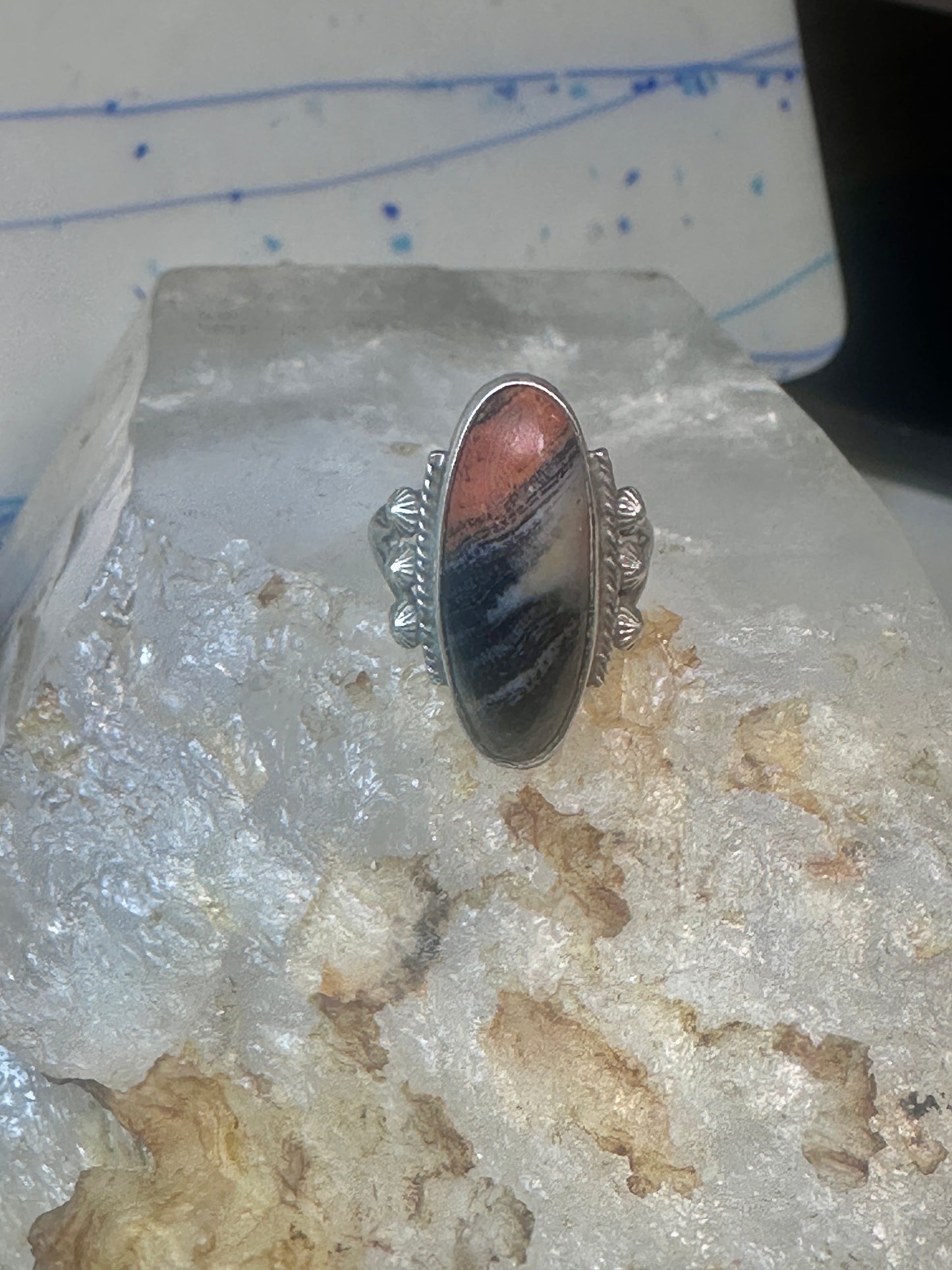 Navajo ring agate Long Petrified Wood Size 6 Vintage sterling silver women