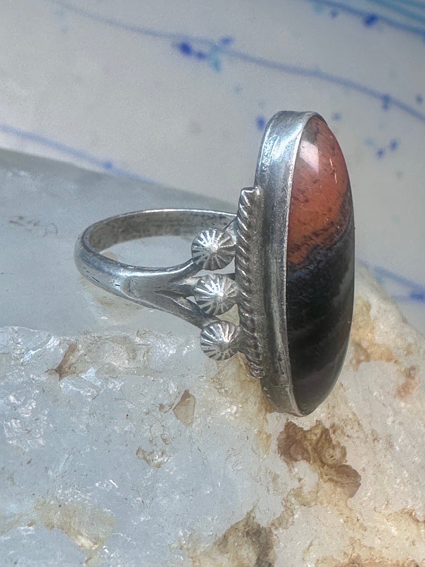 Navajo ring agate Long Petrified Wood Size 6 Vintage sterling silver women