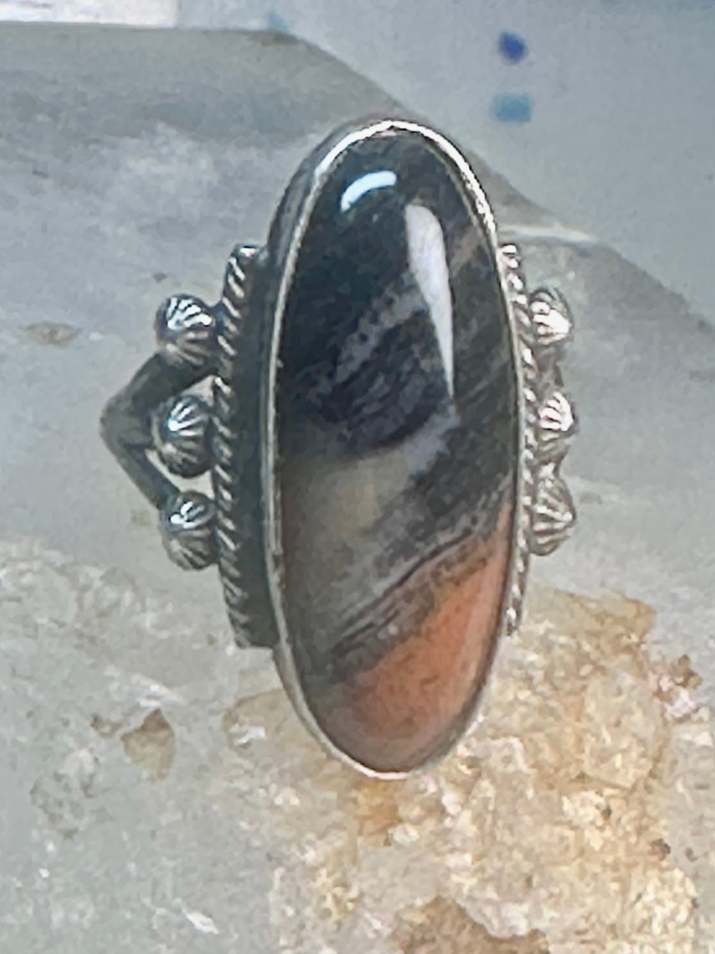 Navajo ring agate Long Petrified Wood Size 6 Vintage sterling silver women
