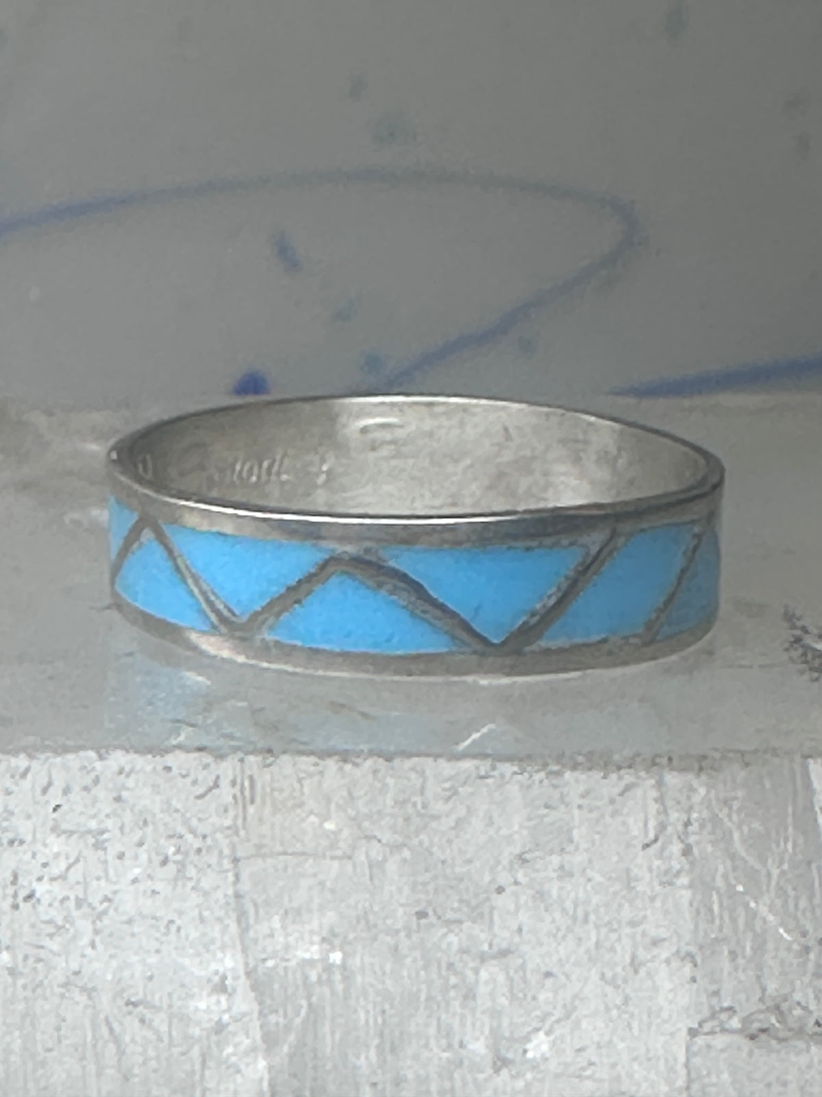 Vintage Sterling Silver Zuni Reconstituted Turquoise Inlay Band Ring Size 9.50 925