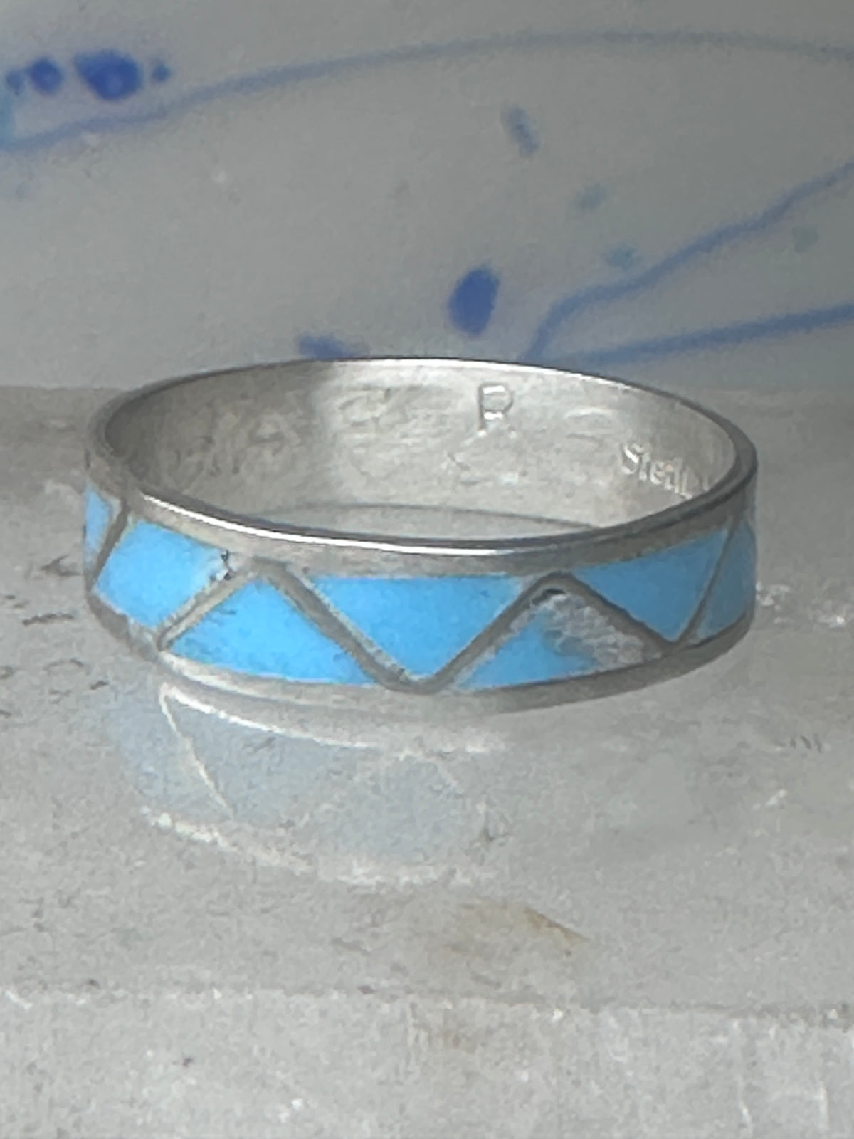 Vintage Sterling Silver Zuni Reconstituted Turquoise Inlay Band Ring Size 9.50 925
