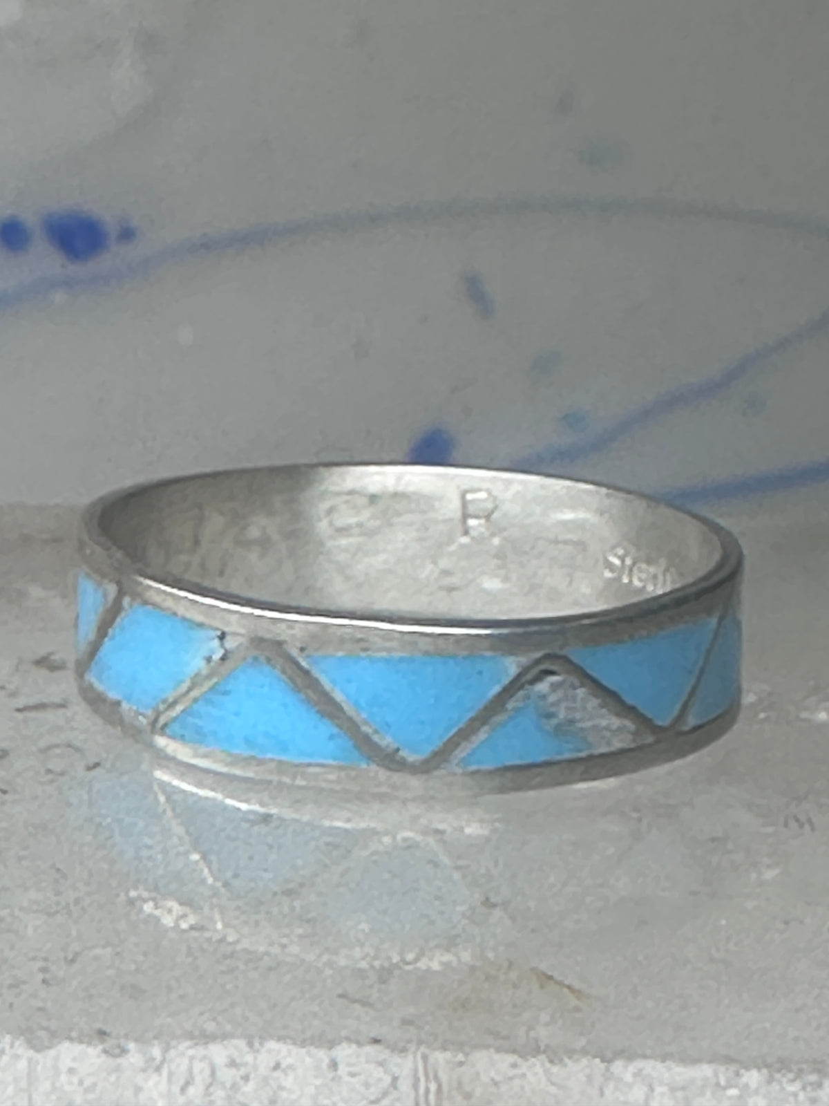 Vintage Sterling Silver Zuni Reconstituted Turquoise Inlay Band Ring Size 9.50 925