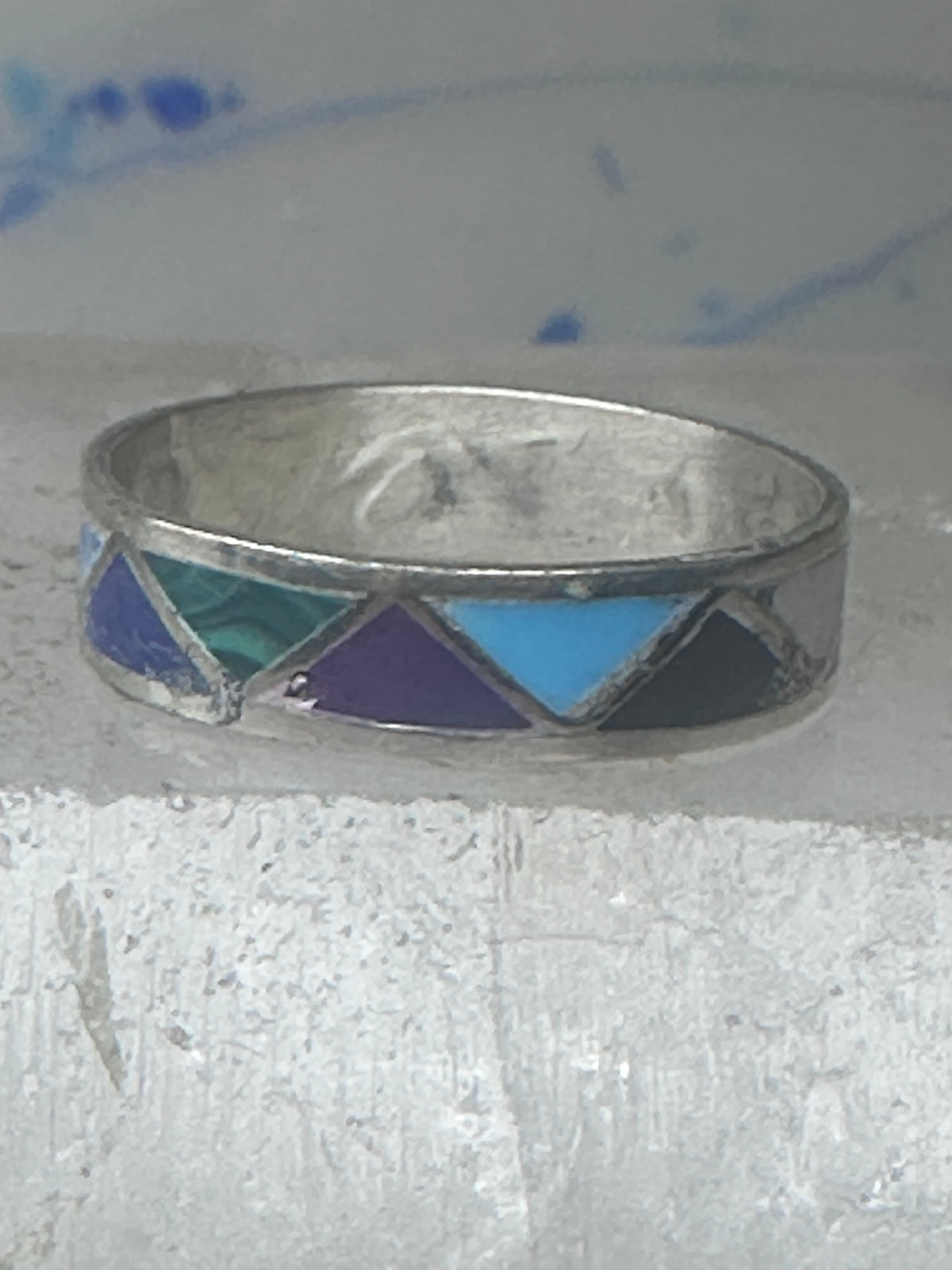 Vintage Sterling Silver Rough Multi Stone Inlay Geometric Band Signed R Size 7.75 925