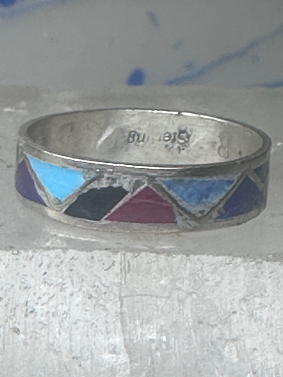 Vintage Sterling Silver Rough Multi Stone Inlay Geometric Band Signed R Size 7.75 925