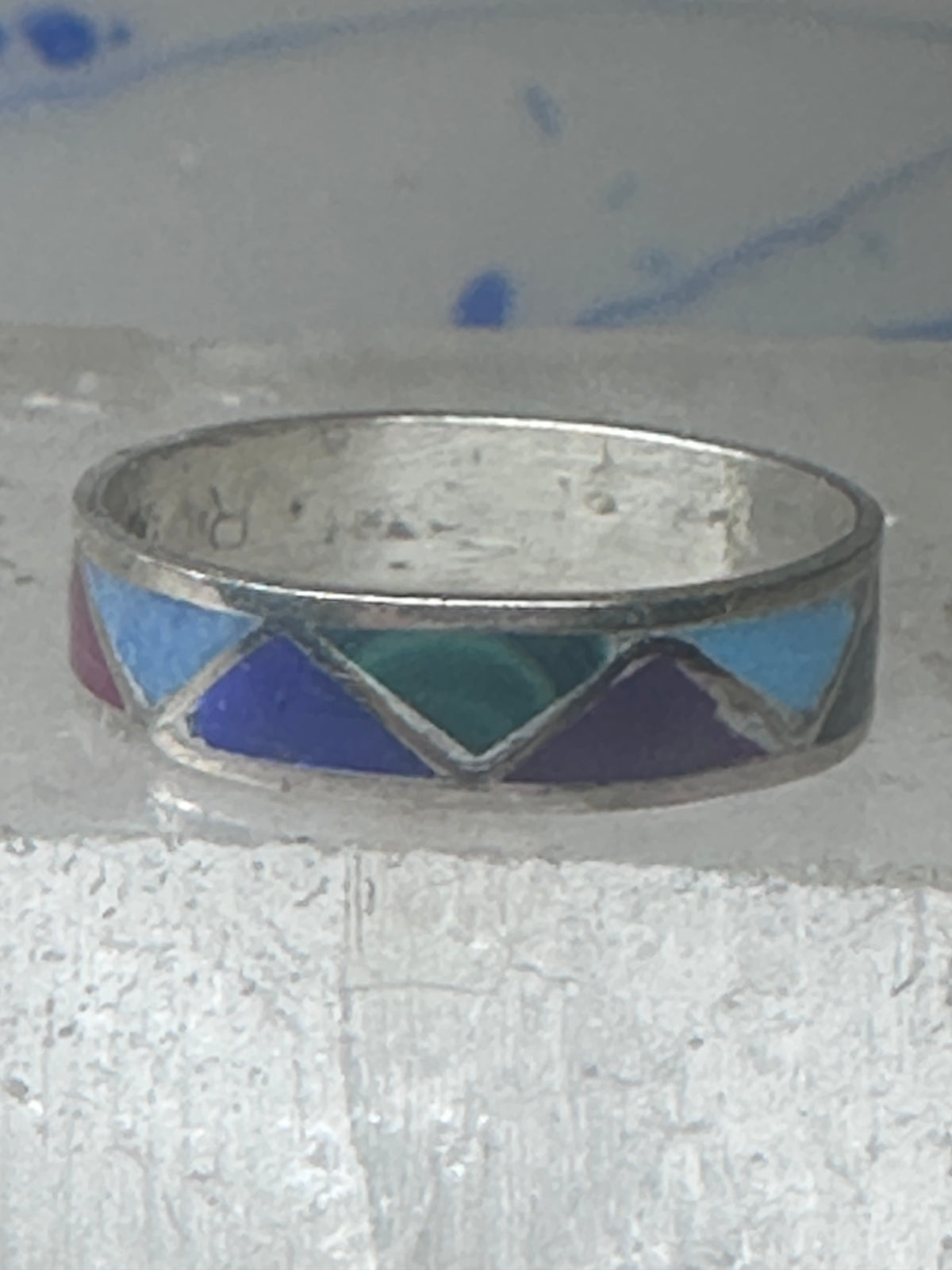 Vintage Sterling Silver Rough Multi Stone Inlay Geometric Band Signed R Size 7.75 925