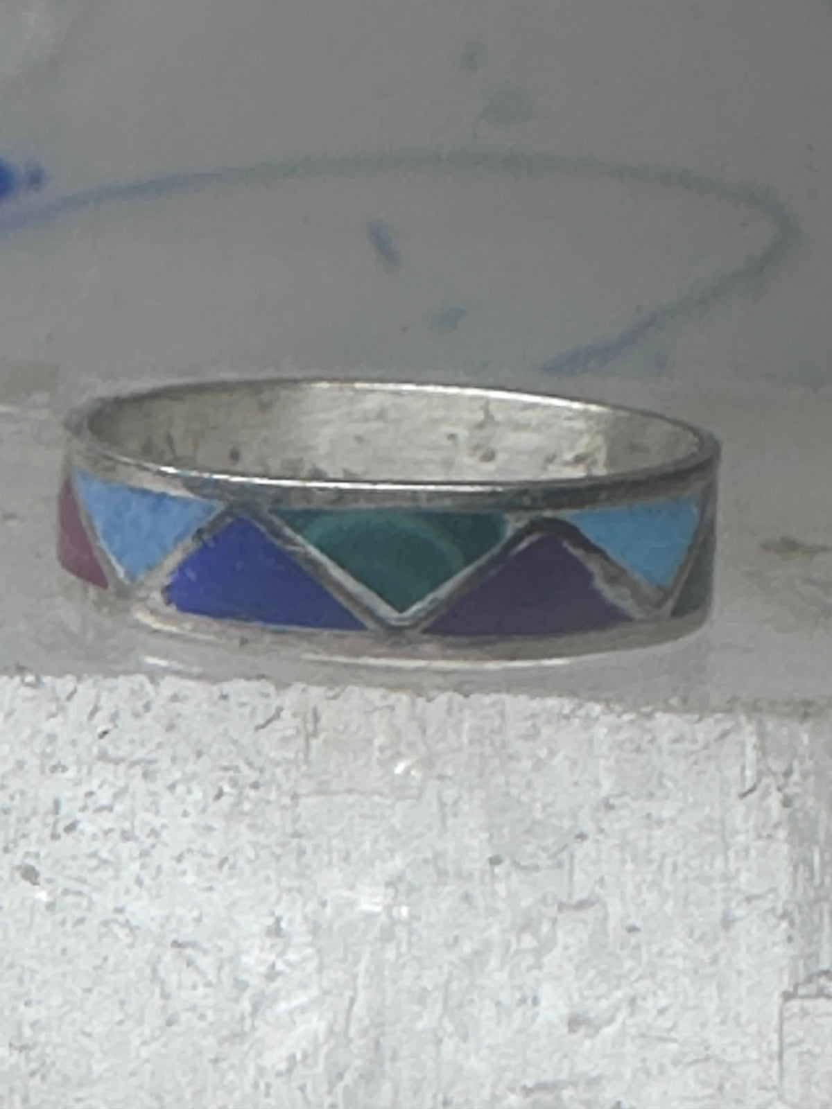Vintage Sterling Silver Rough Multi Stone Inlay Geometric Band Signed R Size 7.75 925
