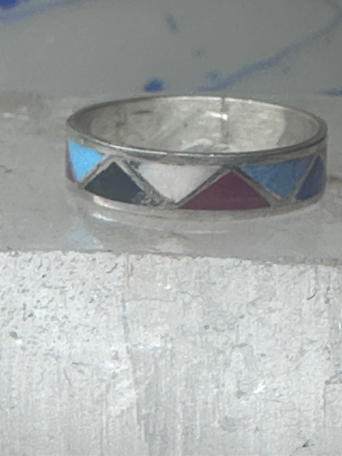Vintage Sterling Silver Rough Multi Stone Inlay Geometric Band Signed R Size 7.75 925