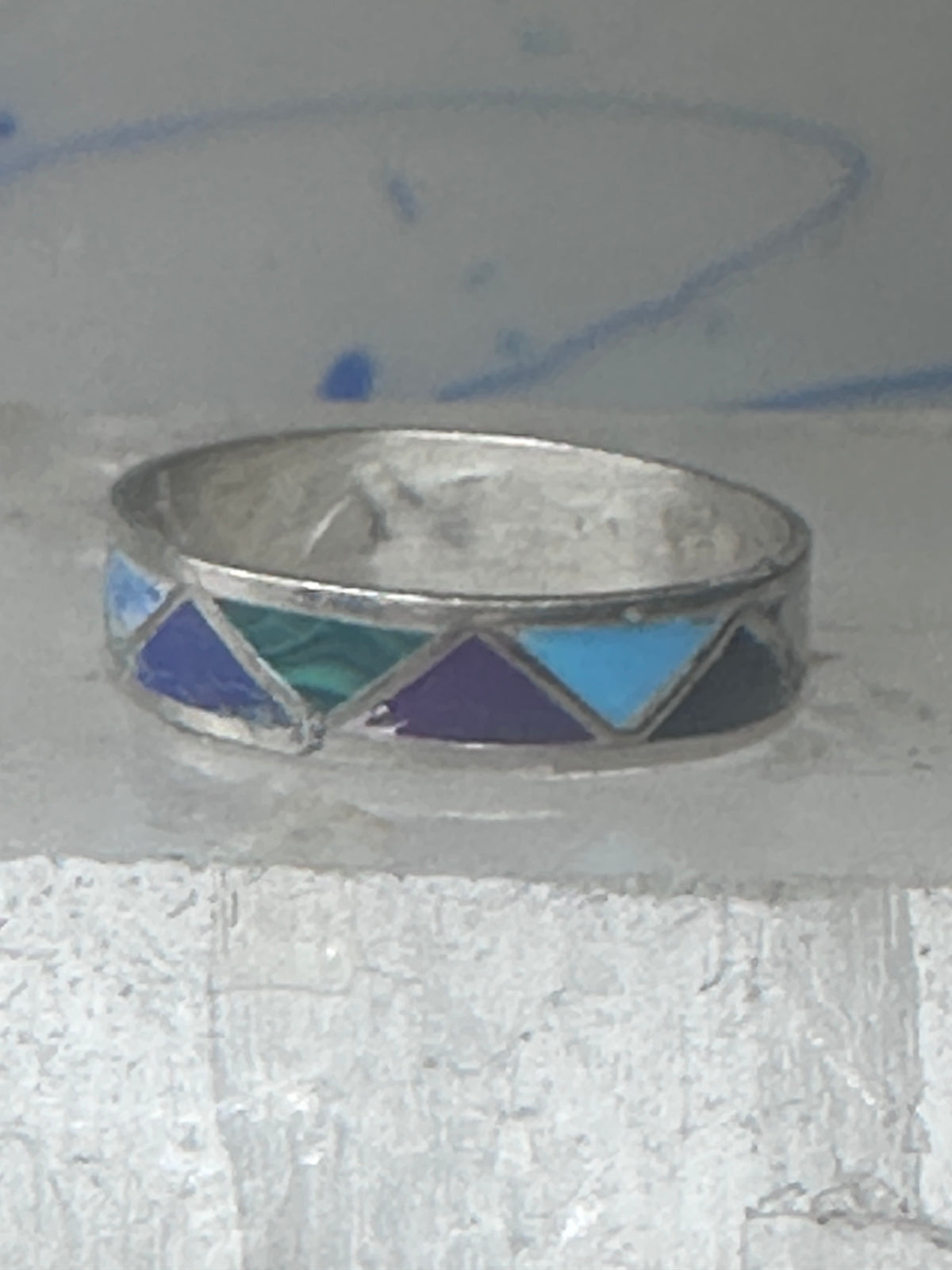 Vintage Sterling Silver Rough Multi Stone Inlay Geometric Band Signed R Size 7.75 925