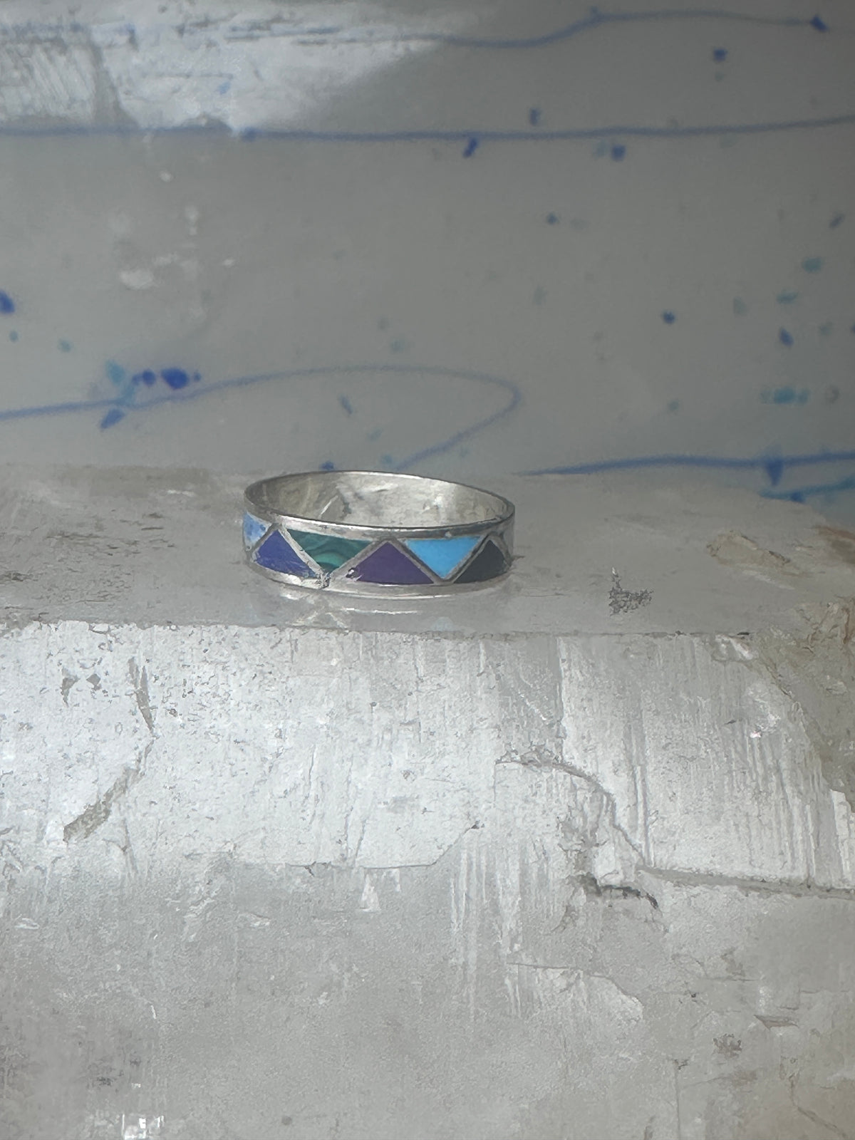Vintage Sterling Silver Rough Multi Stone Inlay Geometric Band Signed R Size 7.75 925