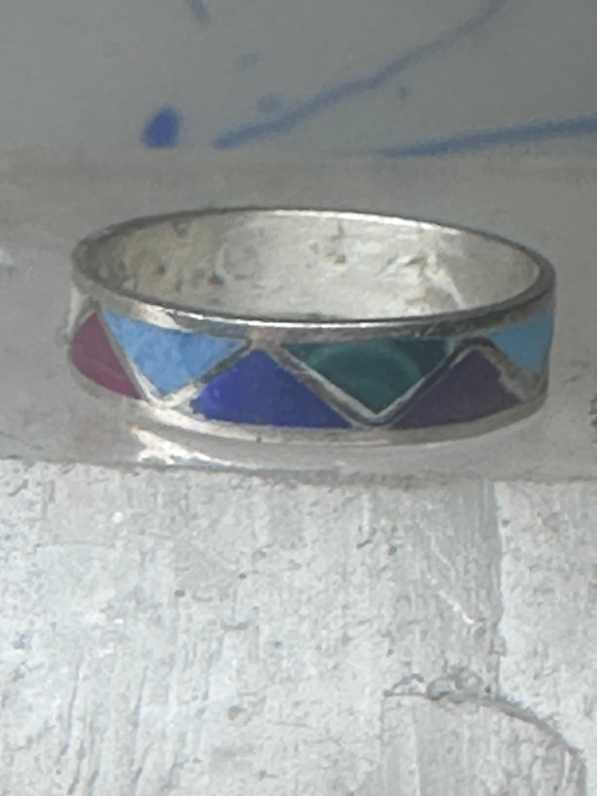 Vintage Sterling Silver Rough Multi Stone Inlay Geometric Band Signed R Size 7.75 925