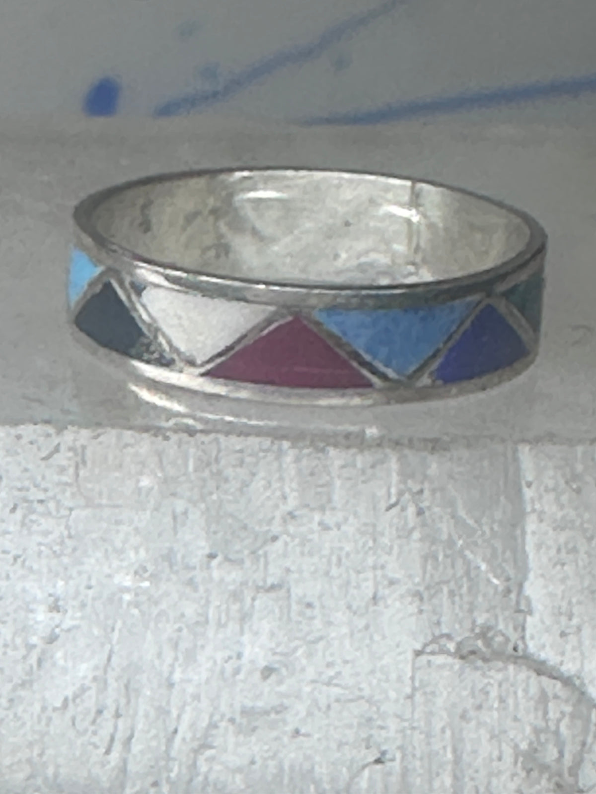 Vintage Sterling Silver Rough Multi Stone Inlay Geometric Band Signed R Size 7.75 925