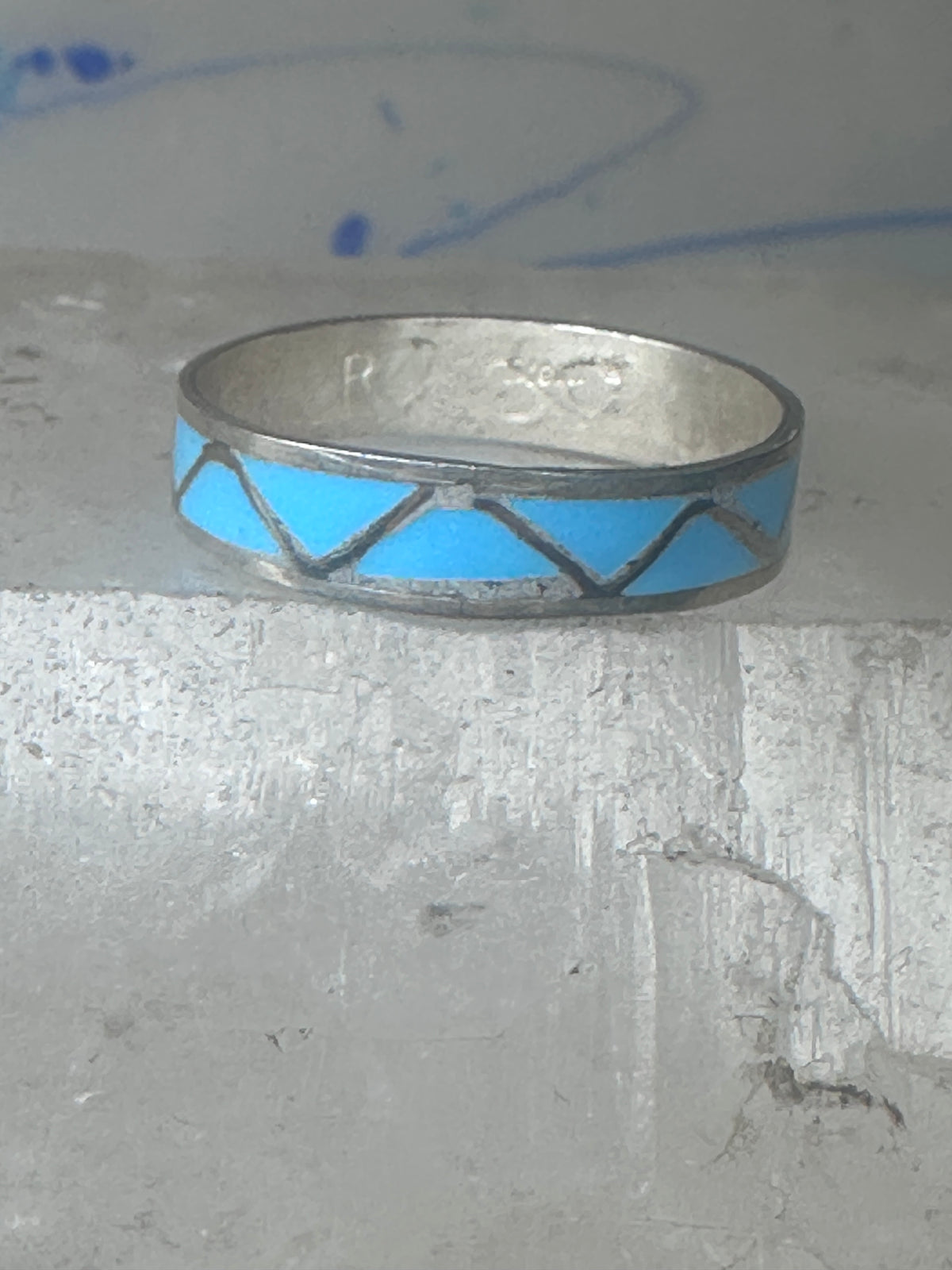 Vintage Sterling Silver Rough Turquoise Inlay Band Signed R Size 12.25 925