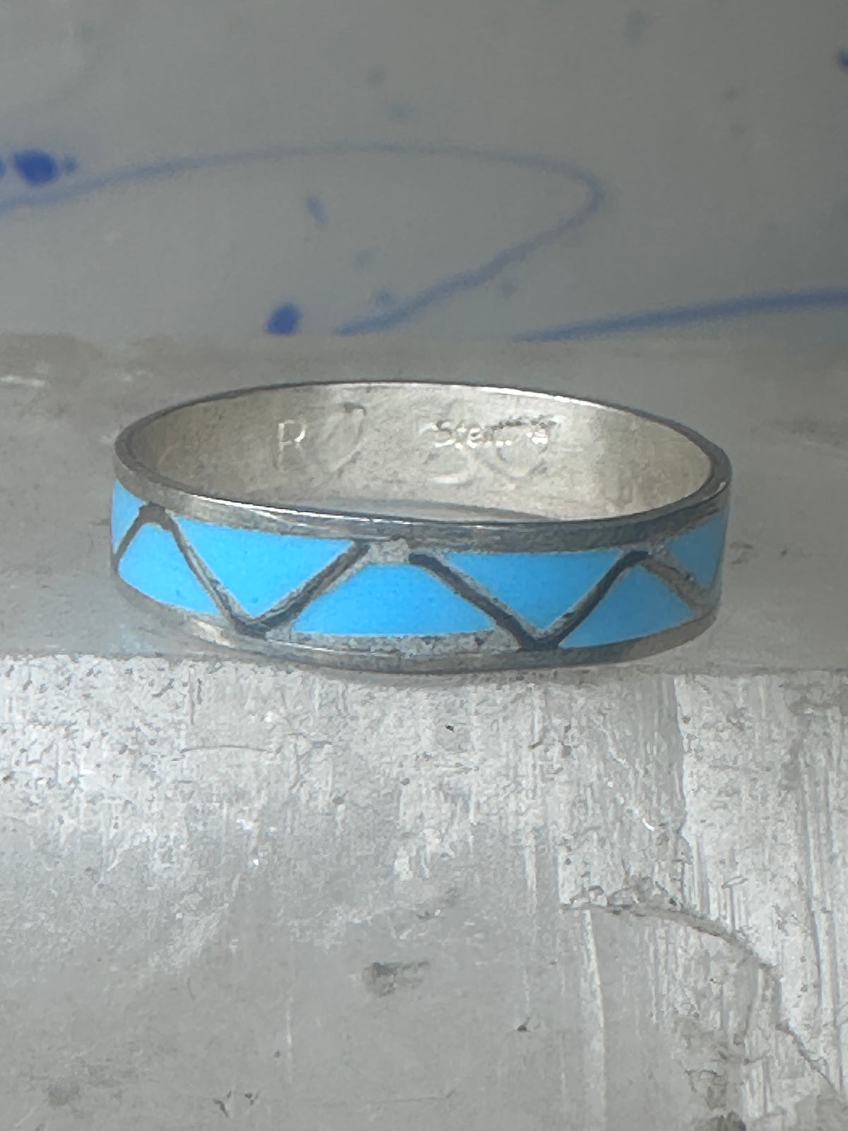 Vintage Sterling Silver Rough Turquoise Inlay Band Signed R Size 12.25 925