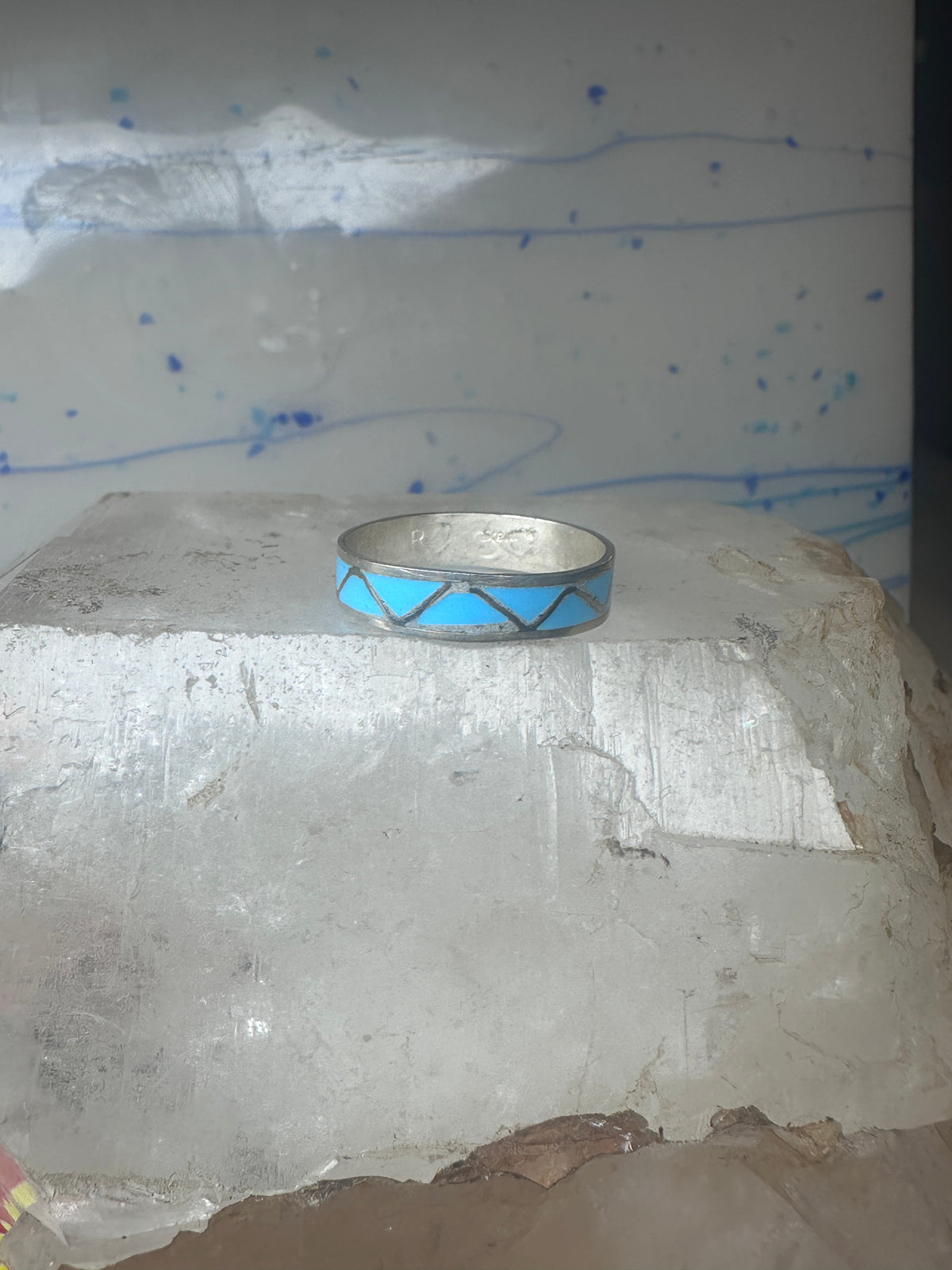 Vintage Sterling Silver Rough Turquoise Inlay Band Signed R Size 12.25 925