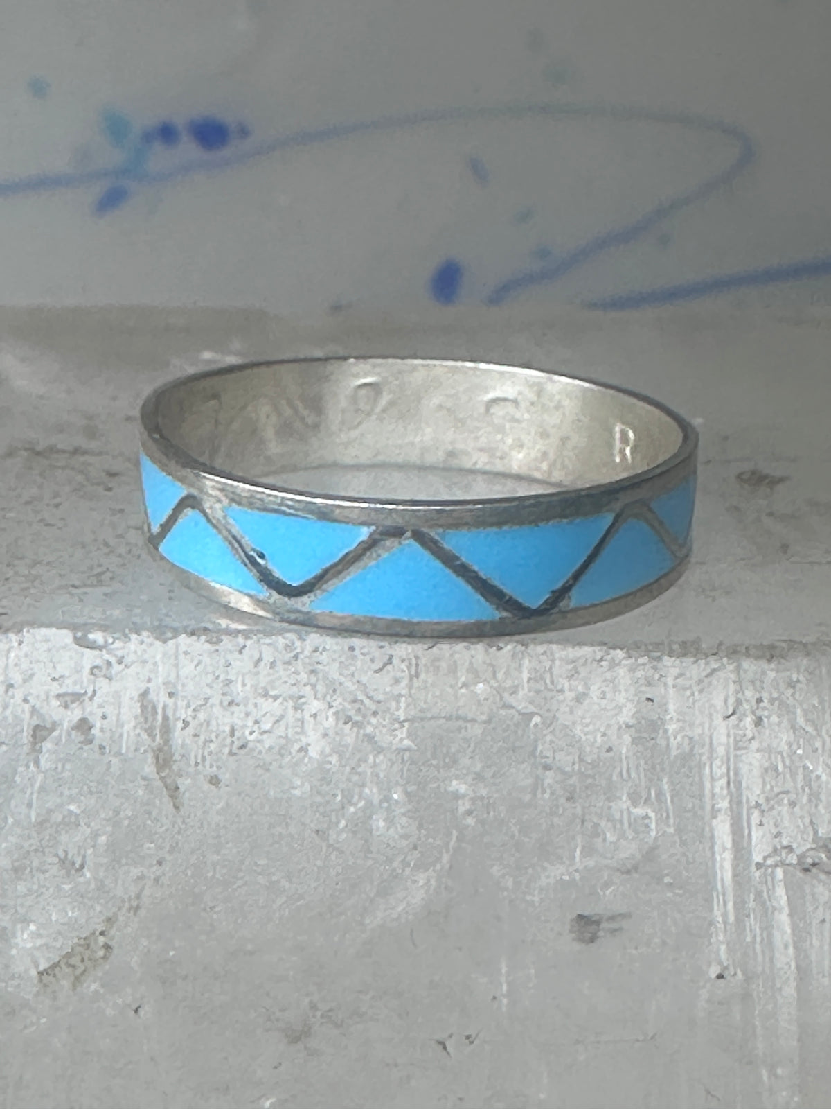 Vintage Sterling Silver Rough Turquoise Inlay Band Signed R Size 12.25 925