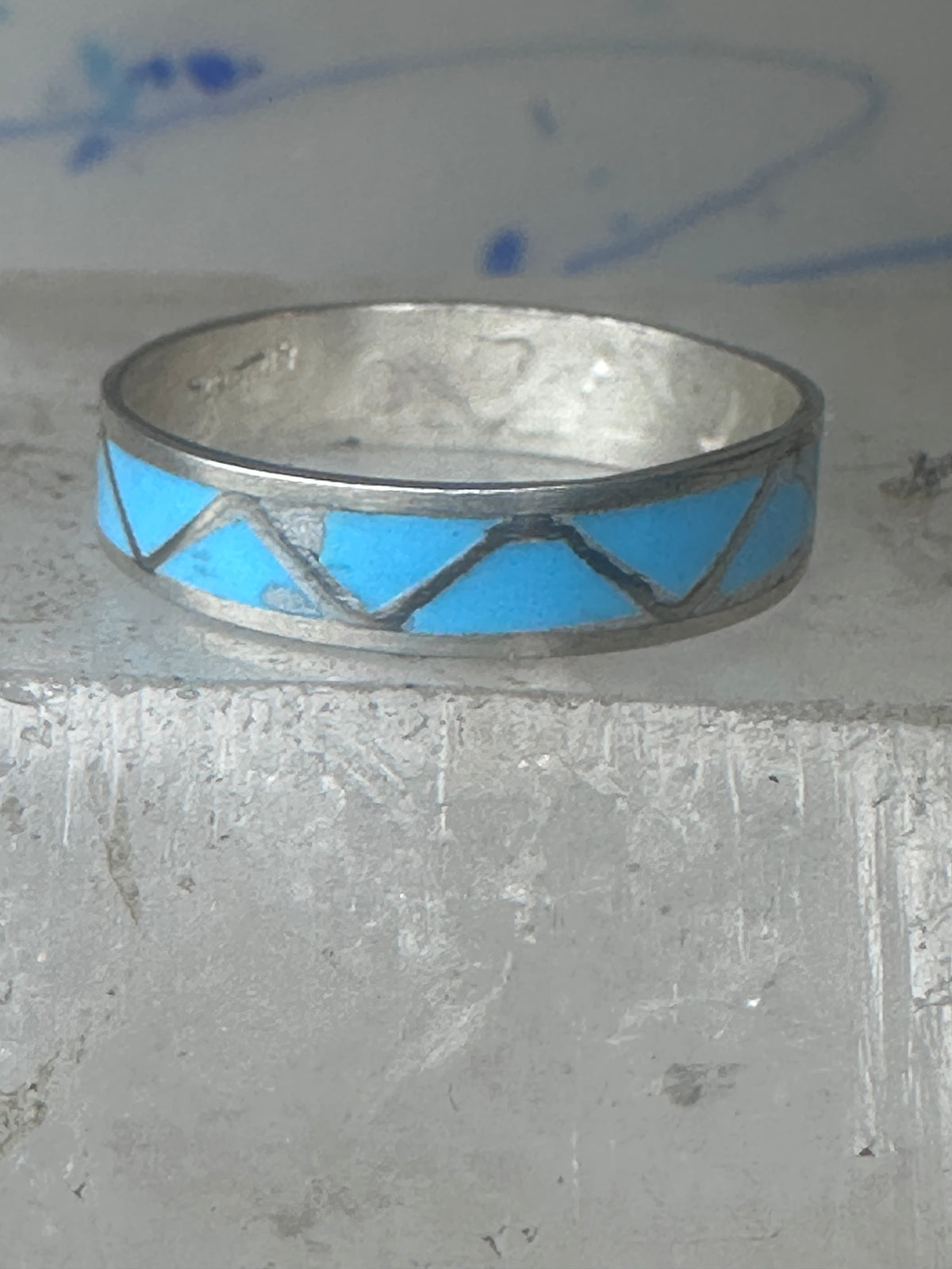 Vintage Sterling Silver Rough Turquoise Inlay Band Signed R Size 12.25 925